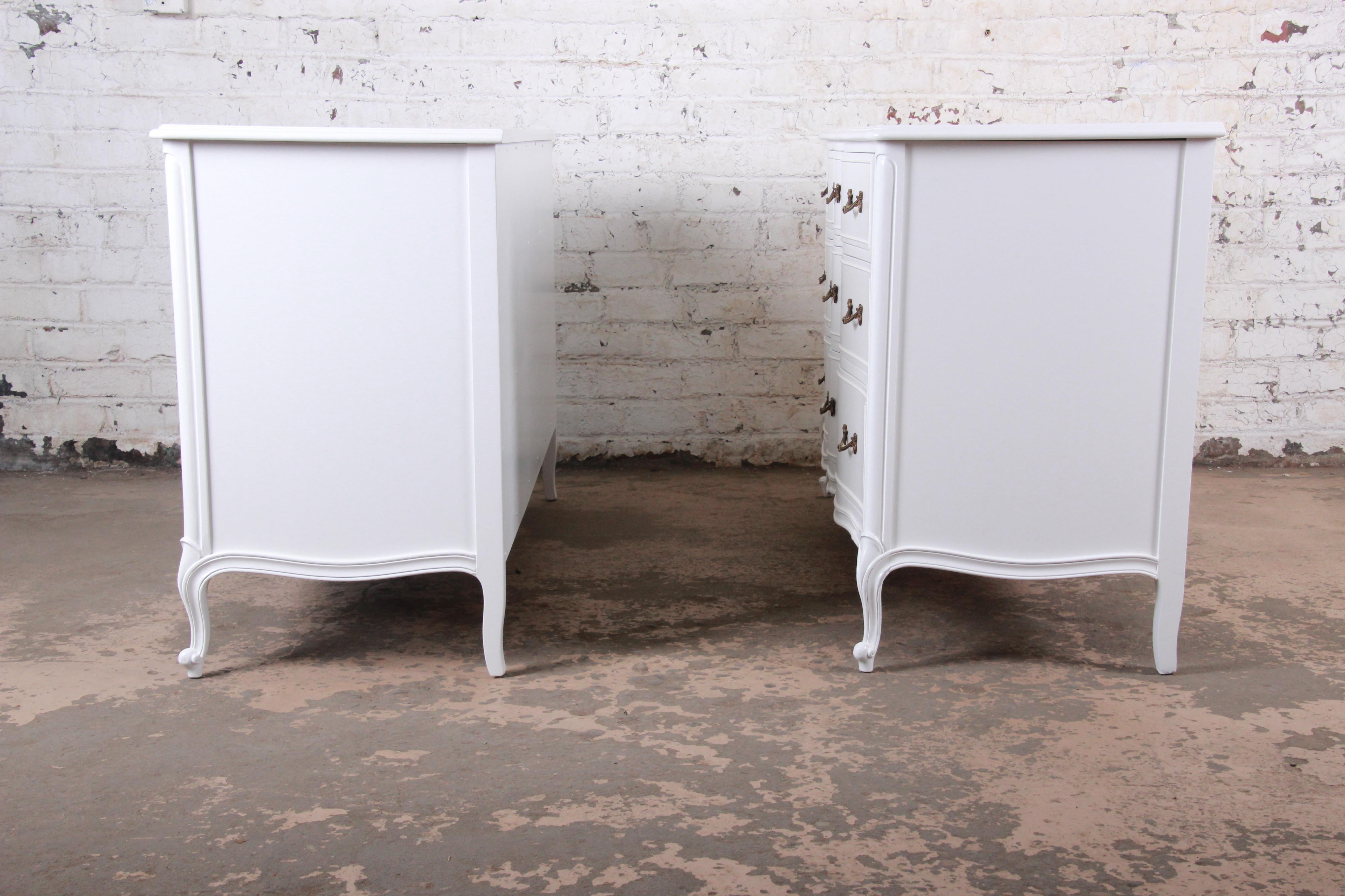 Brass French Provincial Louis XV White Lacquered Triple Dressers by Drexel, Refinished