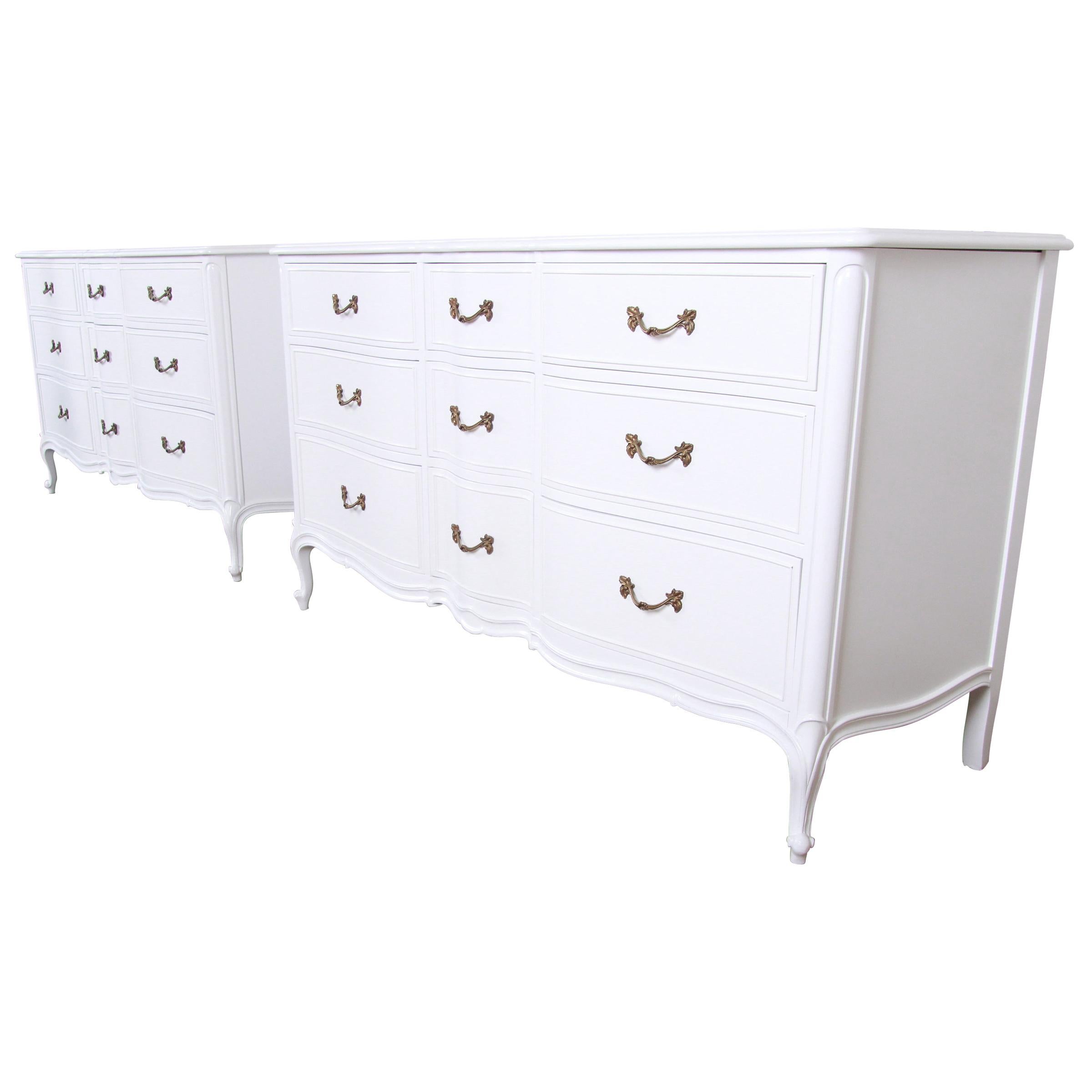 French Provincial Louis XV White Lacquered Triple Dressers by Drexel, Refinished