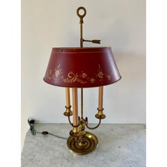 French Provincial Louis XVI Brass Three-Arm Bouillotte Lamp with Red Tole Shade