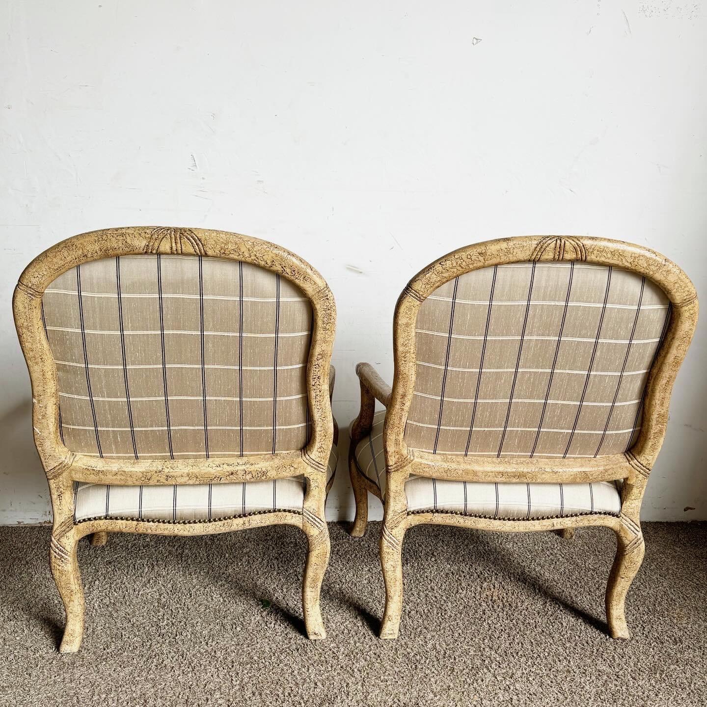 French Provincial Lounge Chairs With Brass Nails - a Pair In Good Condition For Sale In Delray Beach, FL