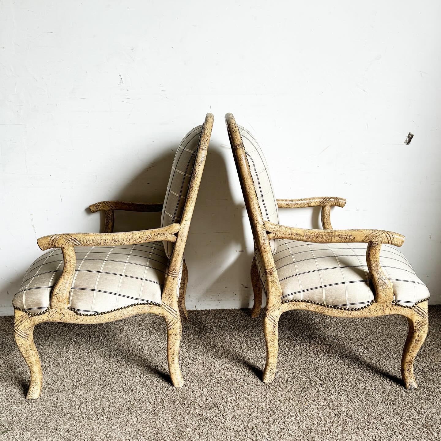 Late 20th Century French Provincial Lounge Chairs With Brass Nails - a Pair For Sale