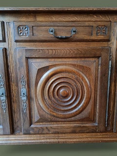 French Provincial Low Buffet, Carved Oak, Circular Motifs, 1950s
