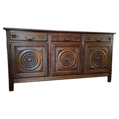 French Provincial Low Buffet, Carved Oak, Circular Motifs, 1950s