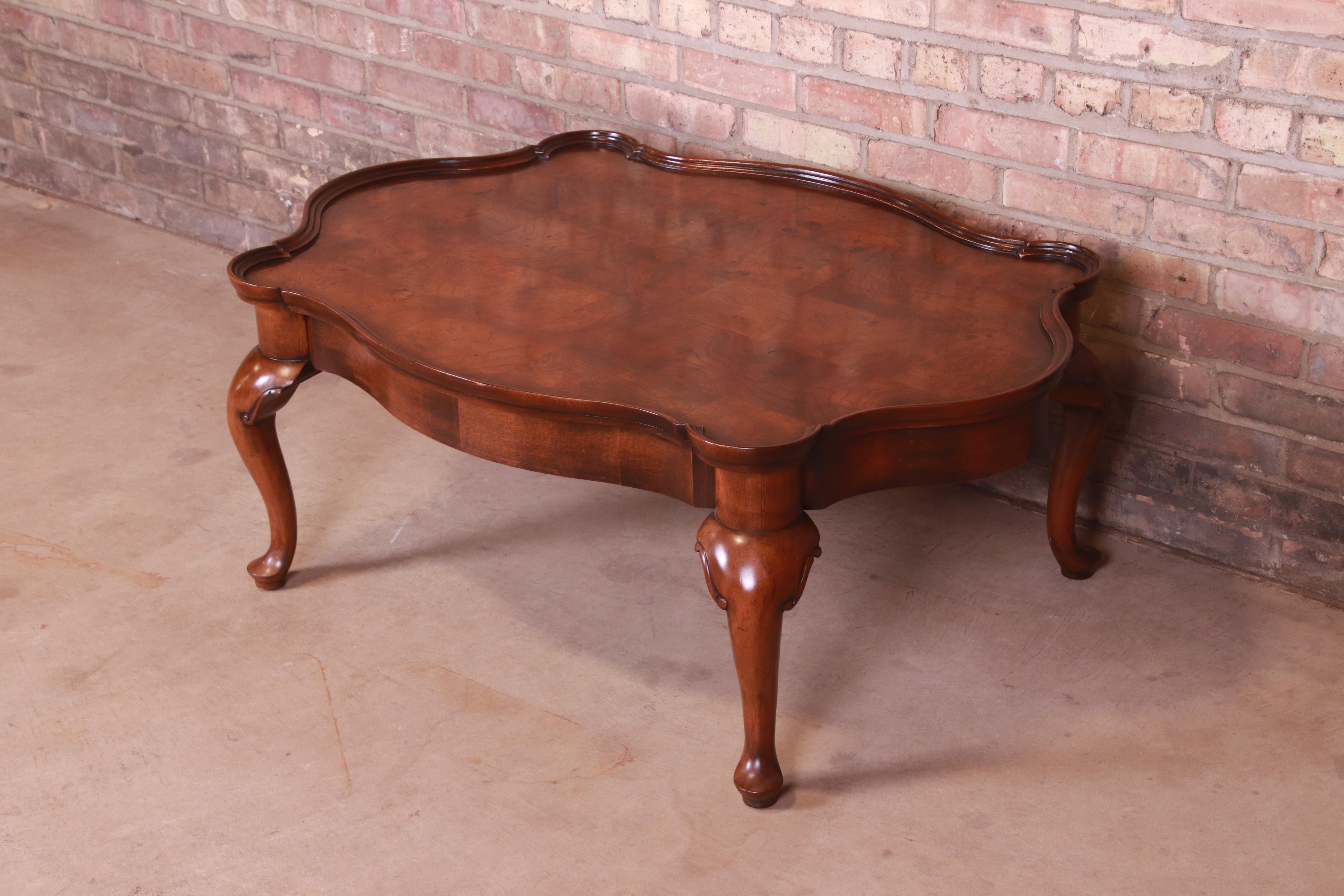 French Provincial Mahogany and Burl Coffee Table Attributed to Baker Furniture In Good Condition In South Bend, IN