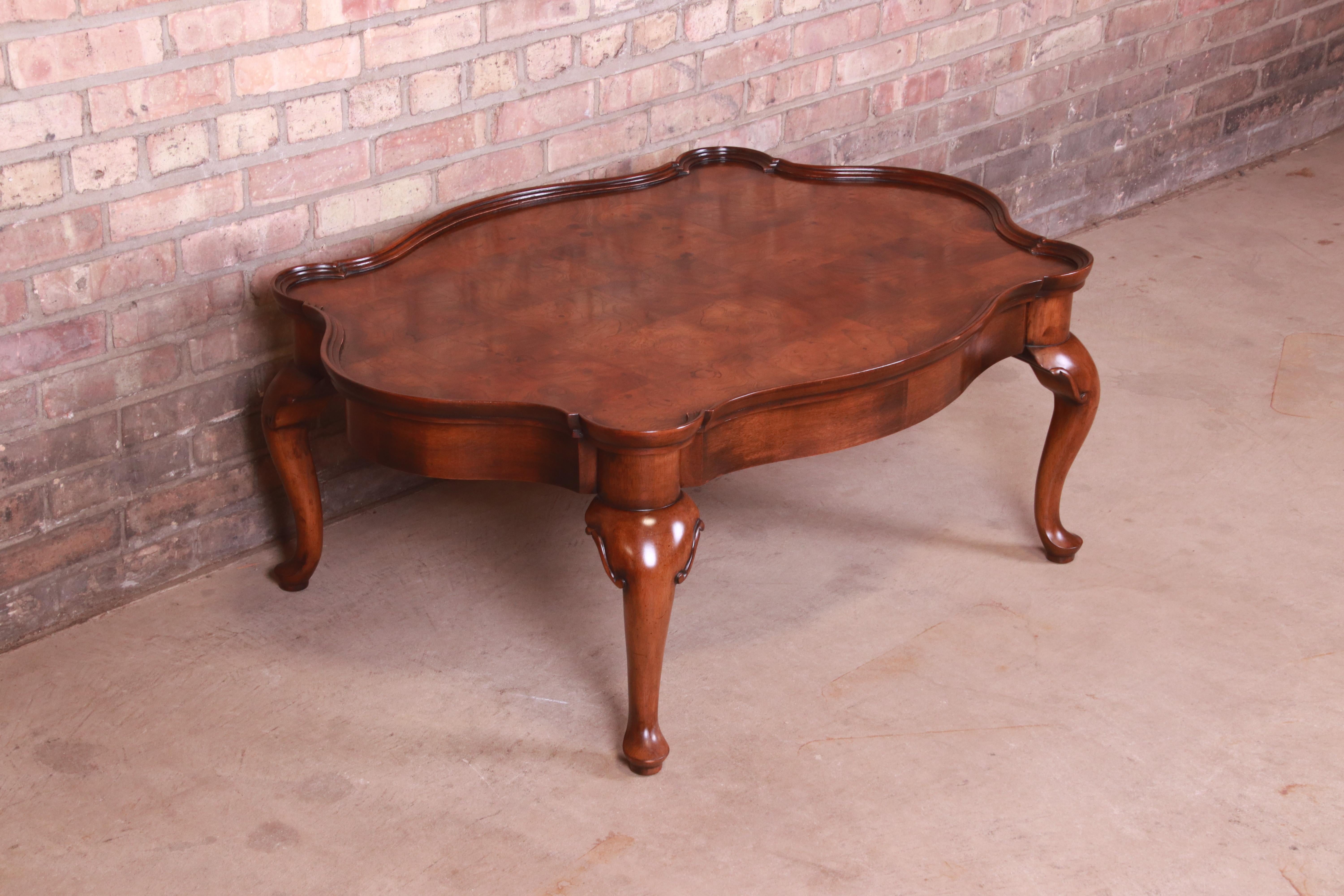 French Provincial Mahogany and Burl Coffee Table Attributed to Baker Furniture 1