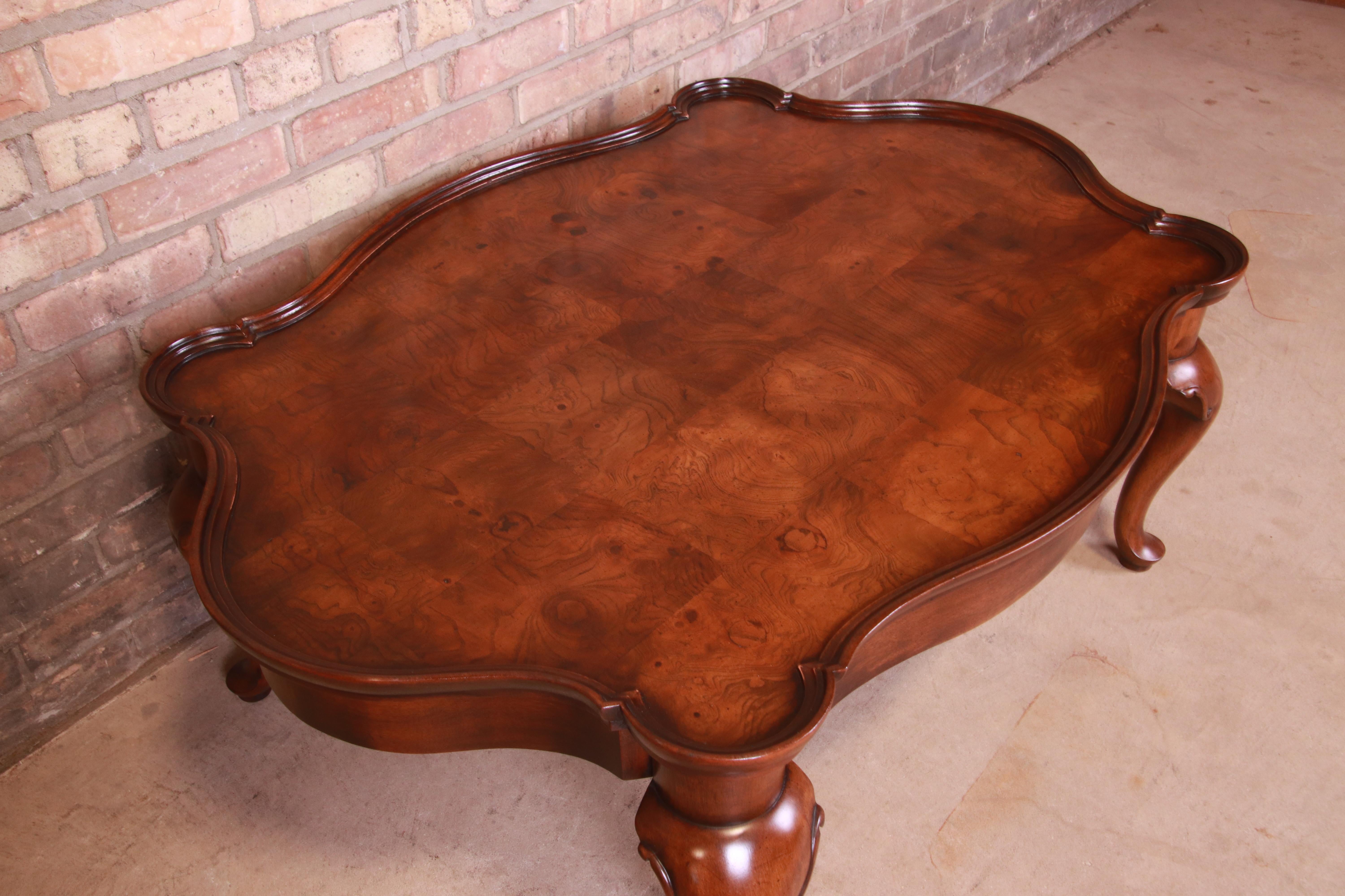 French Provincial Mahogany and Burl Coffee Table Attributed to Baker Furniture 4