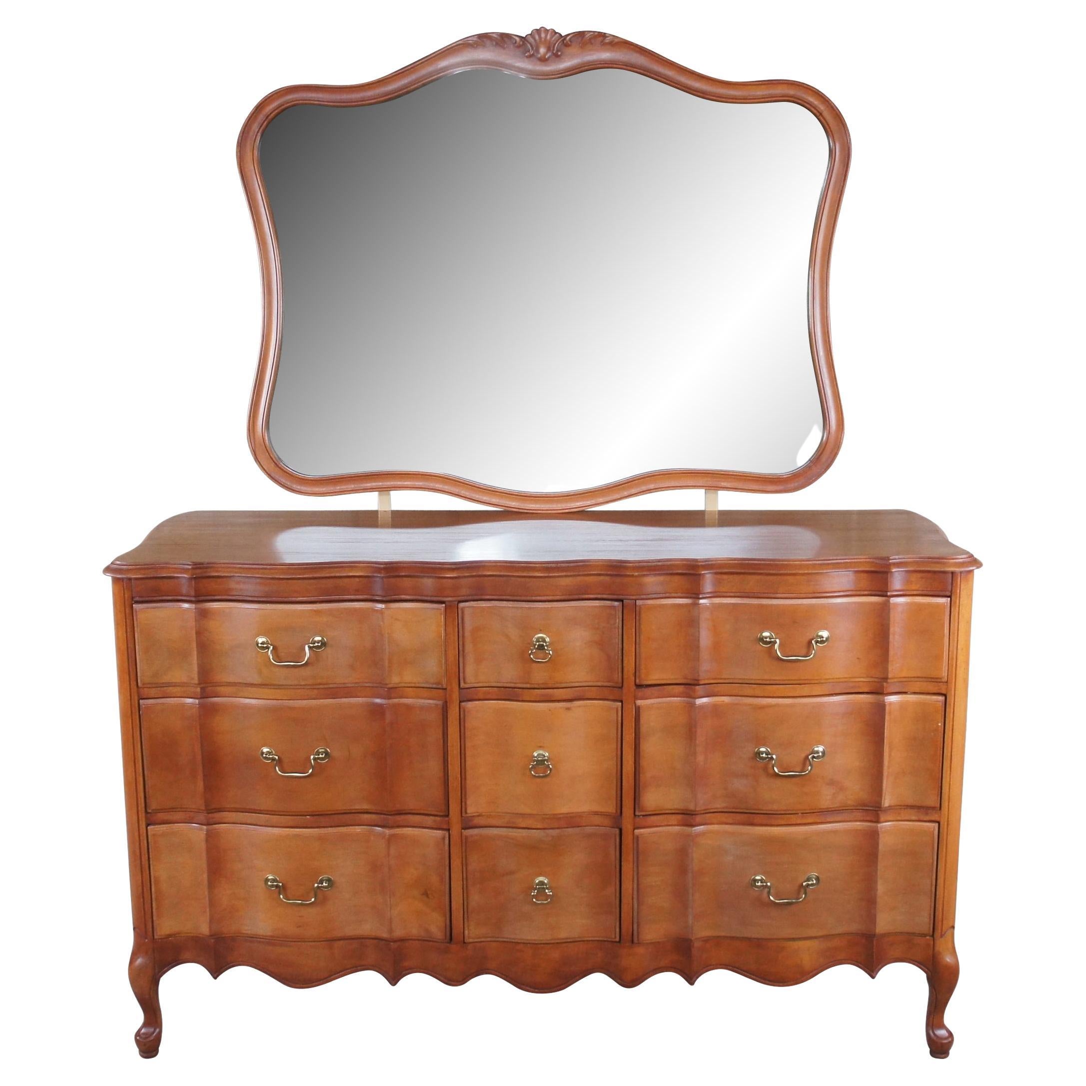 French Provincial Mahogany Serpentine Dresser Chest of Drawers w Vanity Mirror For Sale