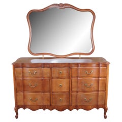 Retro French Provincial Mahogany Serpentine Dresser Chest of Drawers w Vanity Mirror