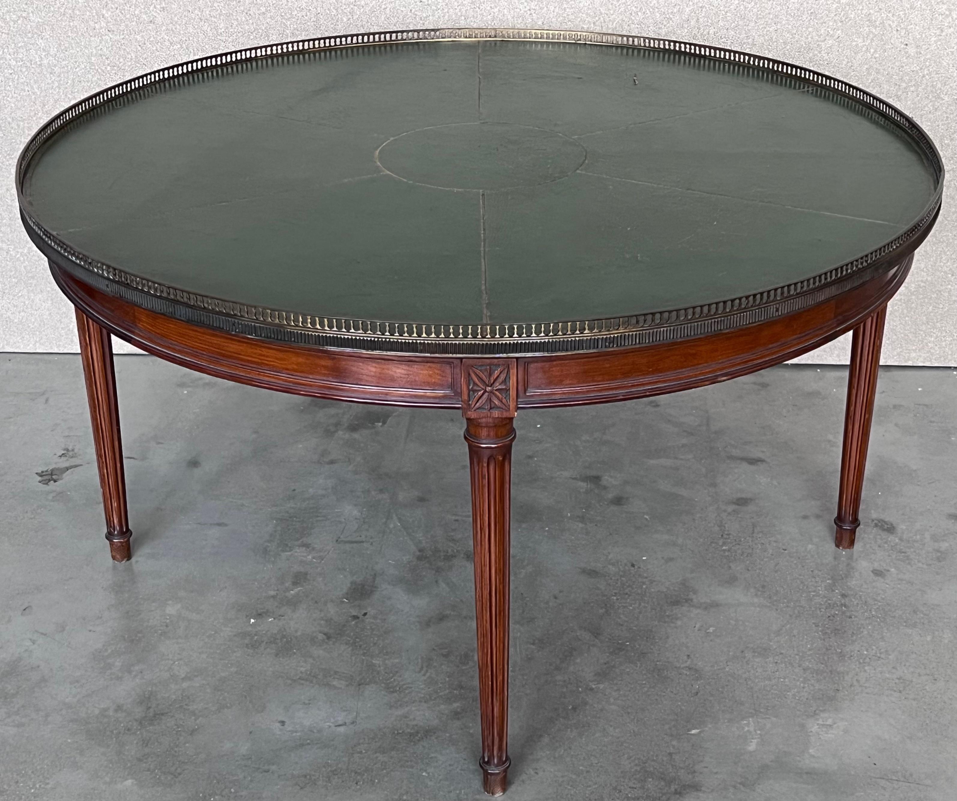 European French Provincial Mahogany with Stenciled Leather Top Round Coffee Table For Sale