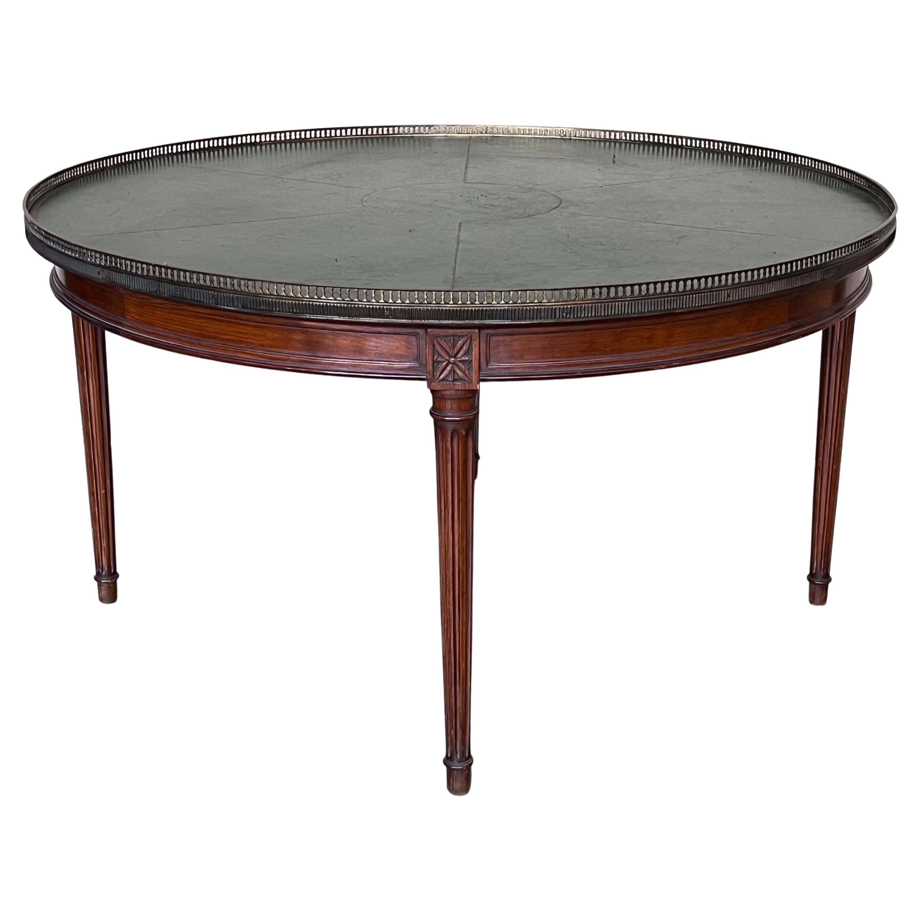 French Provincial Mahogany with Stenciled Leather Top Round Coffee Table For Sale