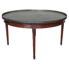 French Provincial Mahogany with Stenciled Leather Top Round Coffee Table