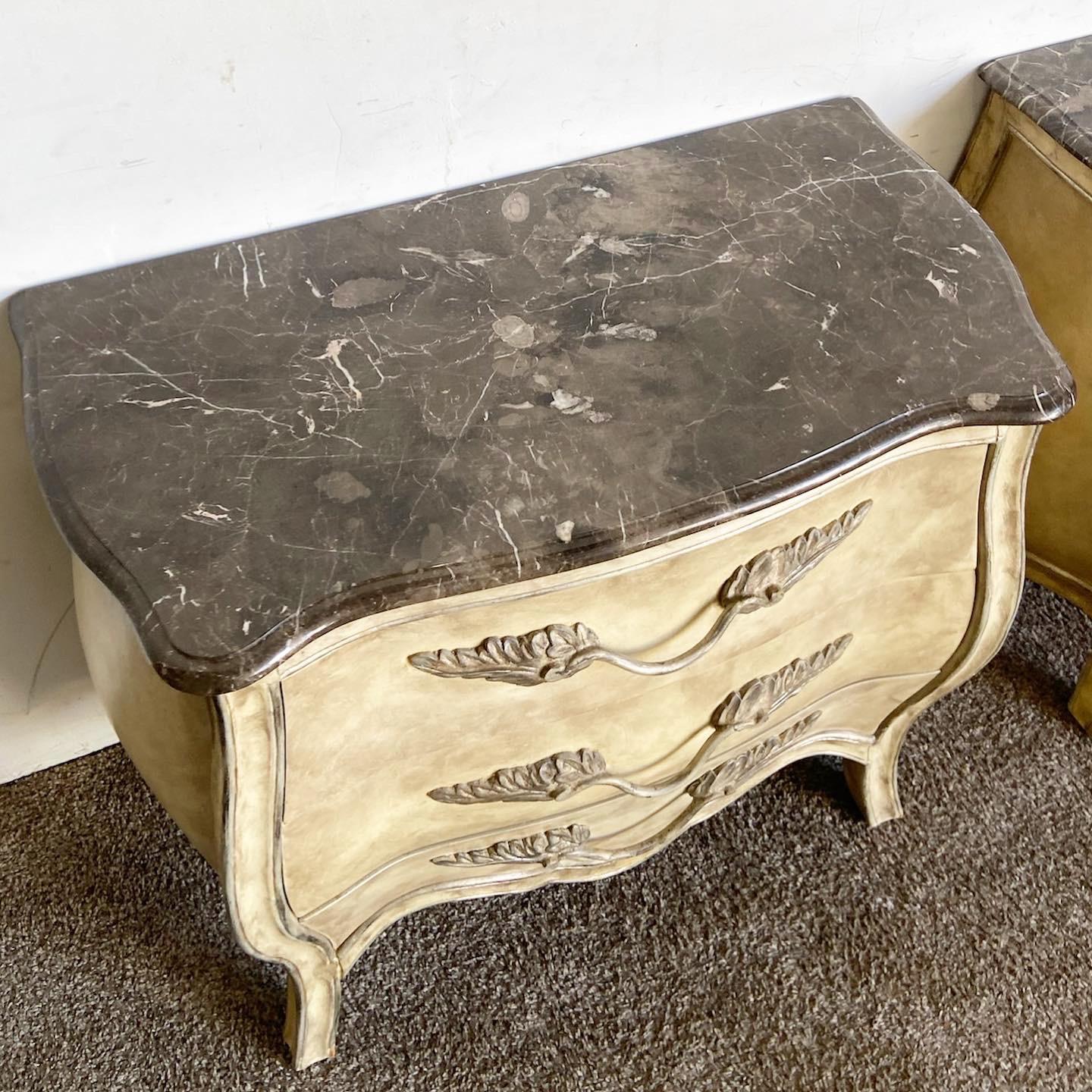 American French Provincial Marble Top Bombé Commodes/Nightstands - a Pair