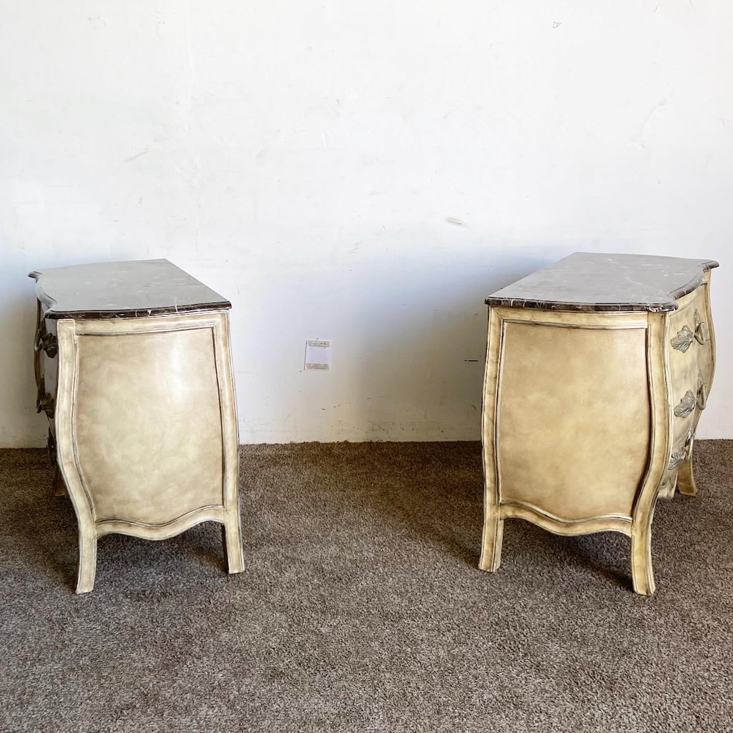 French Provincial Marble Top Bombé Commodes/Nightstands - a Pair In Good Condition In Delray Beach, FL