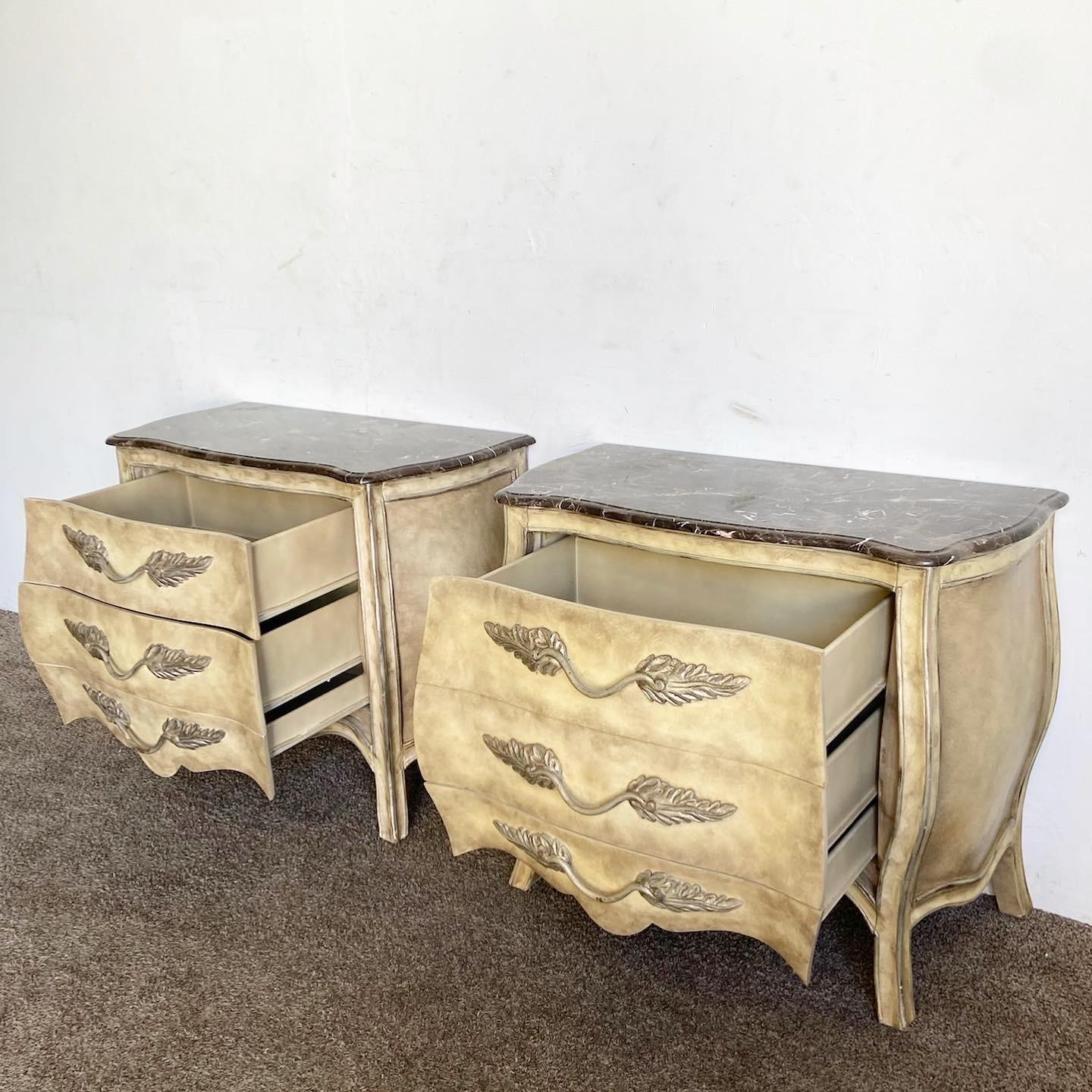 French Provincial Marble Top Bombé Commodes/Nightstands - a Pair 1