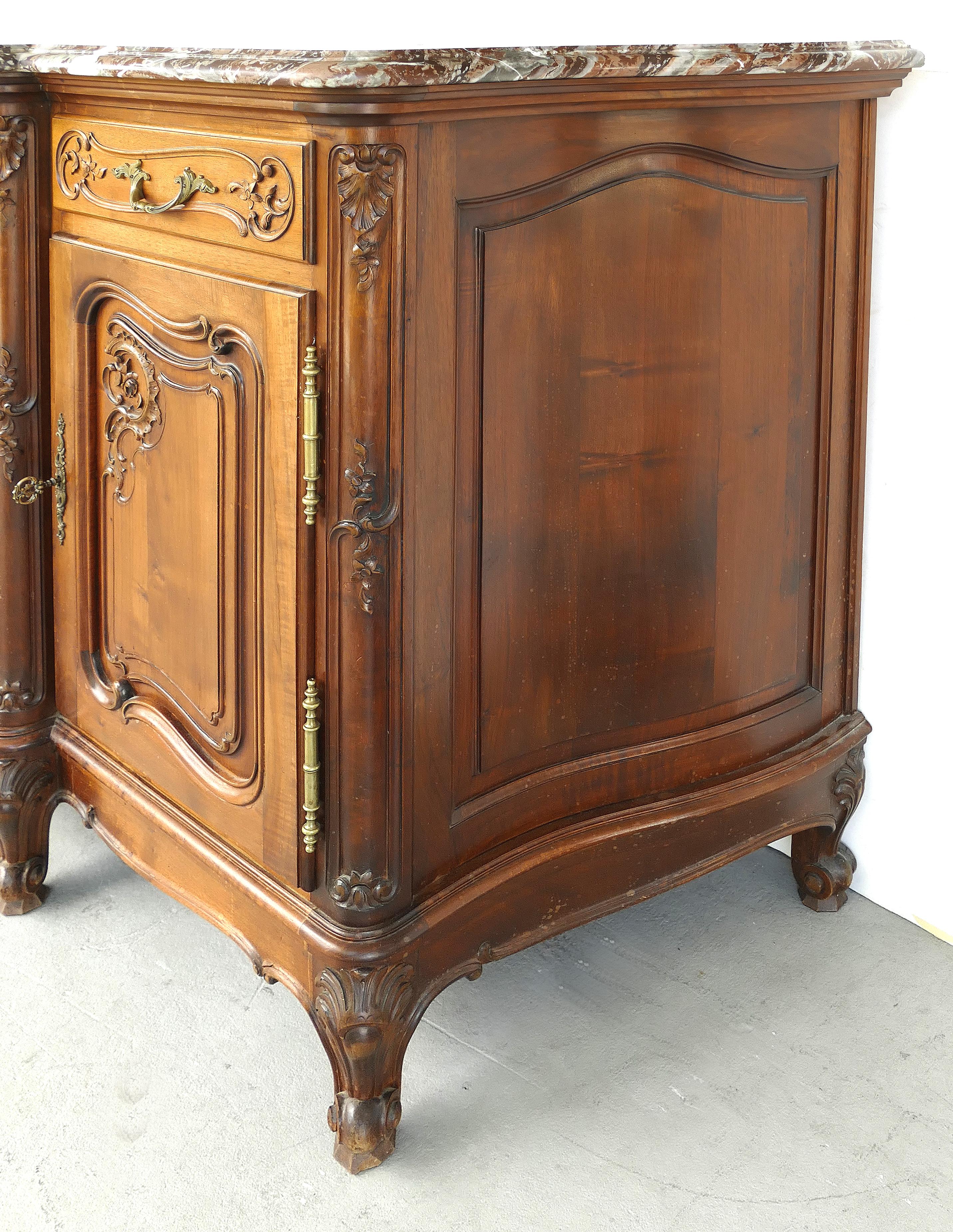 20th Century French Provincial Marble-Top Credenza/Sideboard in Carved Walnut