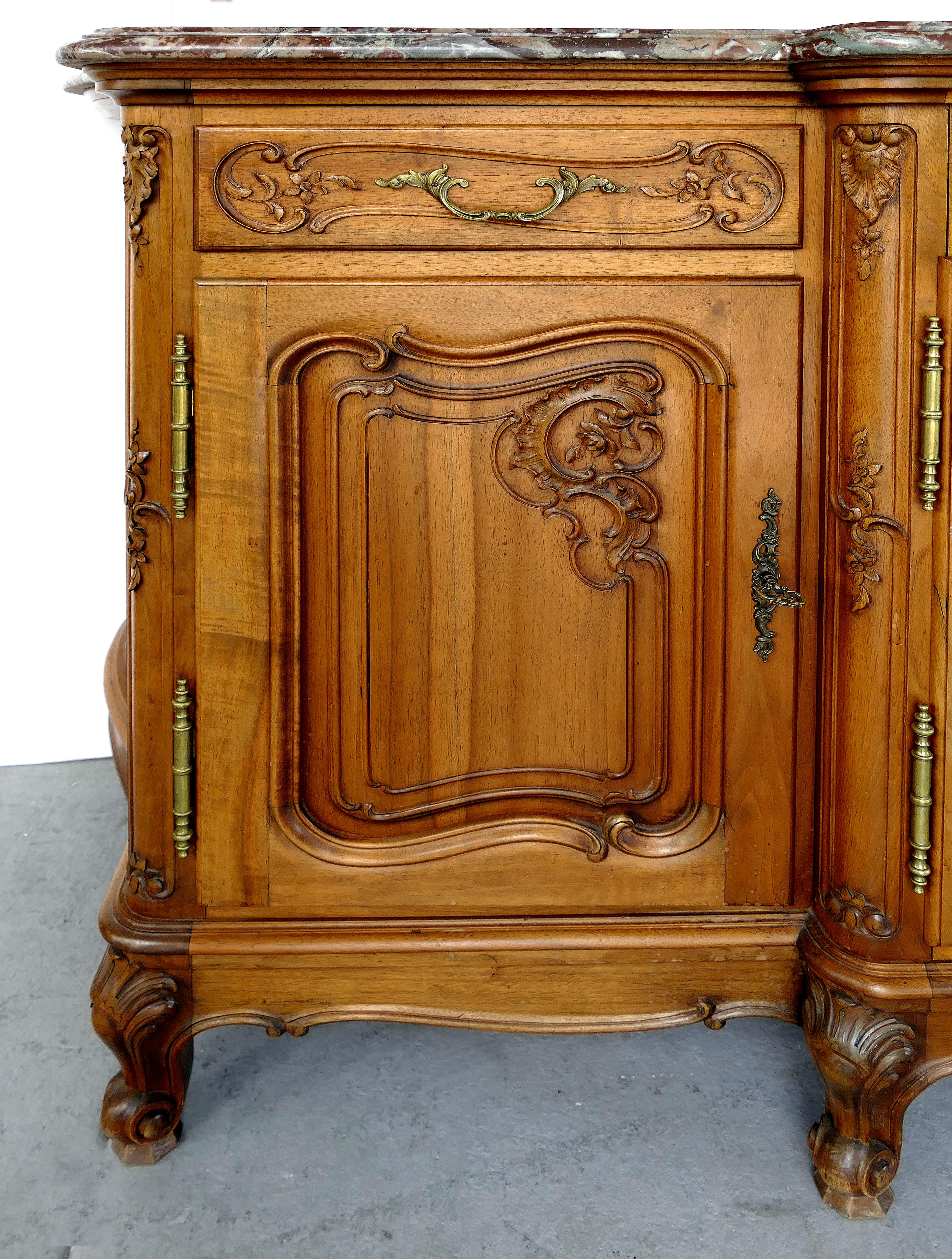 French Provincial Marble-Top Credenza/Sideboard in Carved Walnut 1