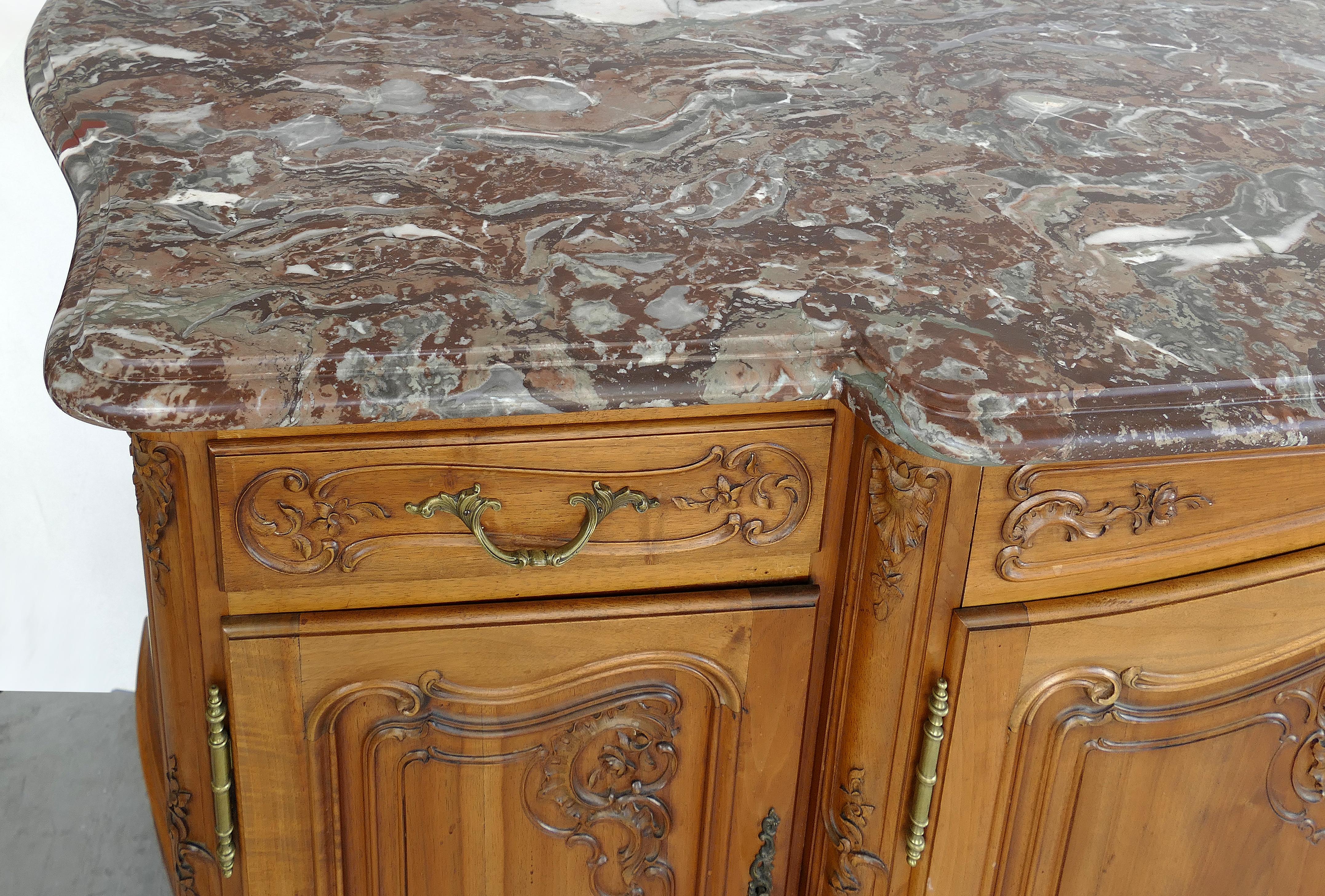French Provincial Marble-Top Credenza/Sideboard in Carved Walnut 3