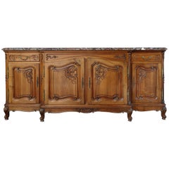 French Provincial Marble-Top Credenza/Sideboard in Carved Walnut