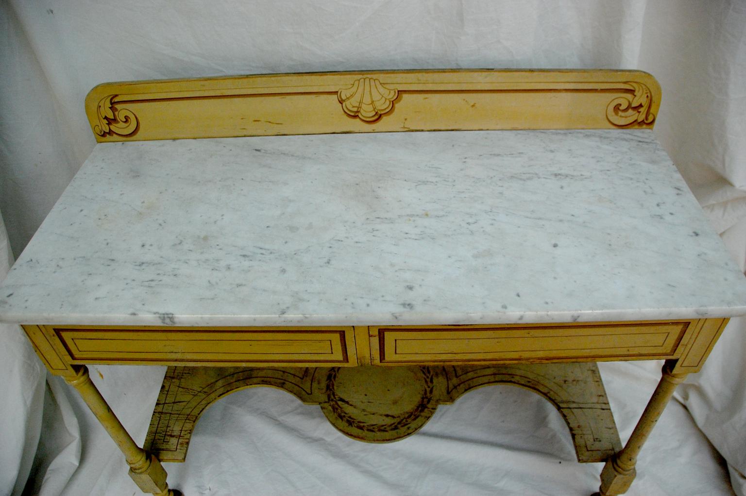 Poplar French Provincial Marble Top Two-Drawer Server with Original Decoration