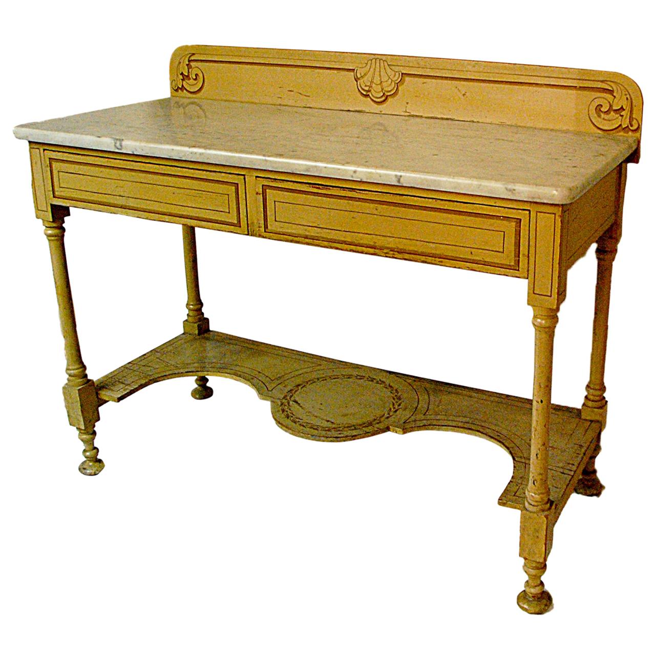 French Provincial Marble Top Two-Drawer Server with Original Decoration