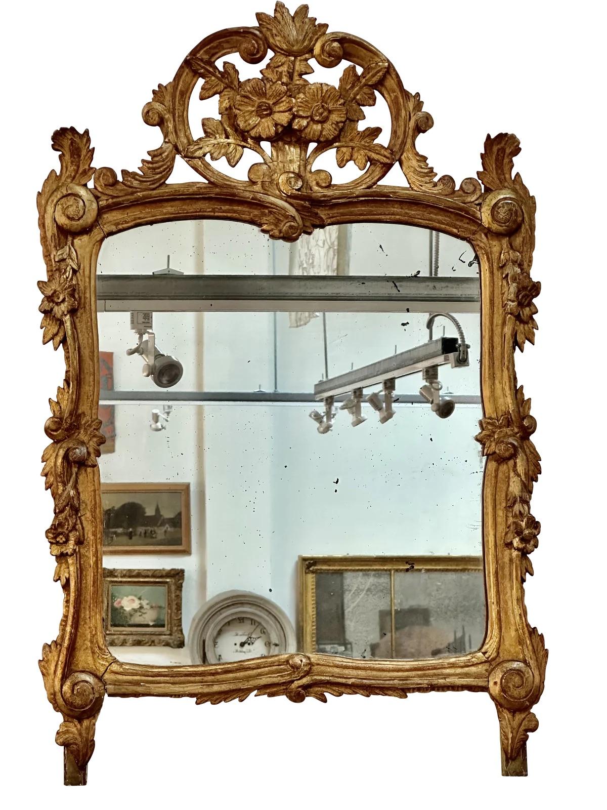 Giltwood French Provincial Mirror with Floral and Foliate Carvings For Sale