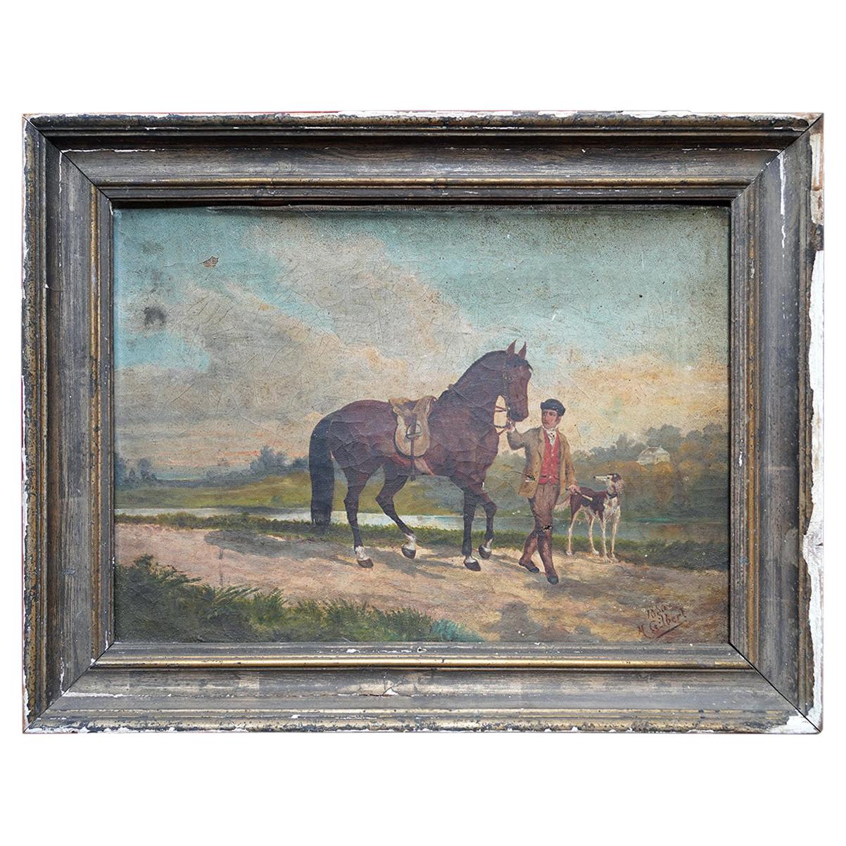 French Provincial Naïve School Oil on Canvas of a Rural Scene, 1880, M. Gilbert For Sale