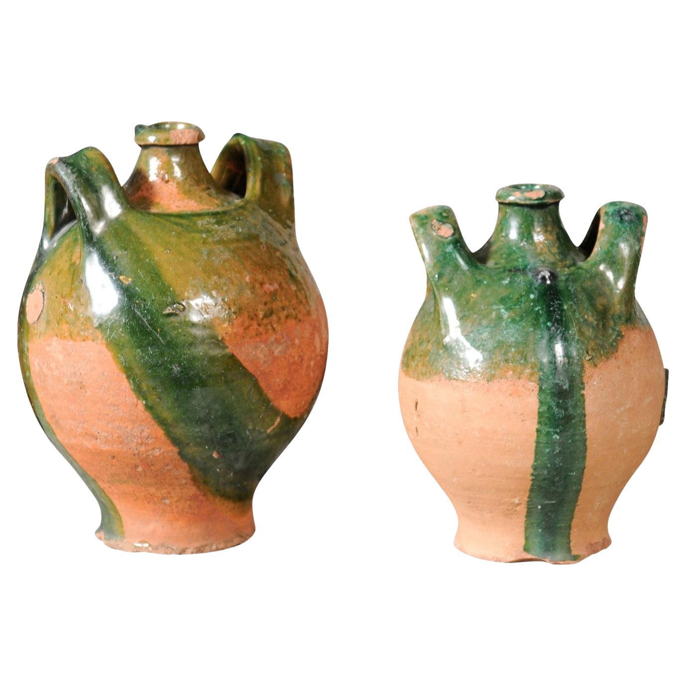 French Provincial Napoléon III Era Green Glazed Pottery Jugs, Circa 1850 For Sale