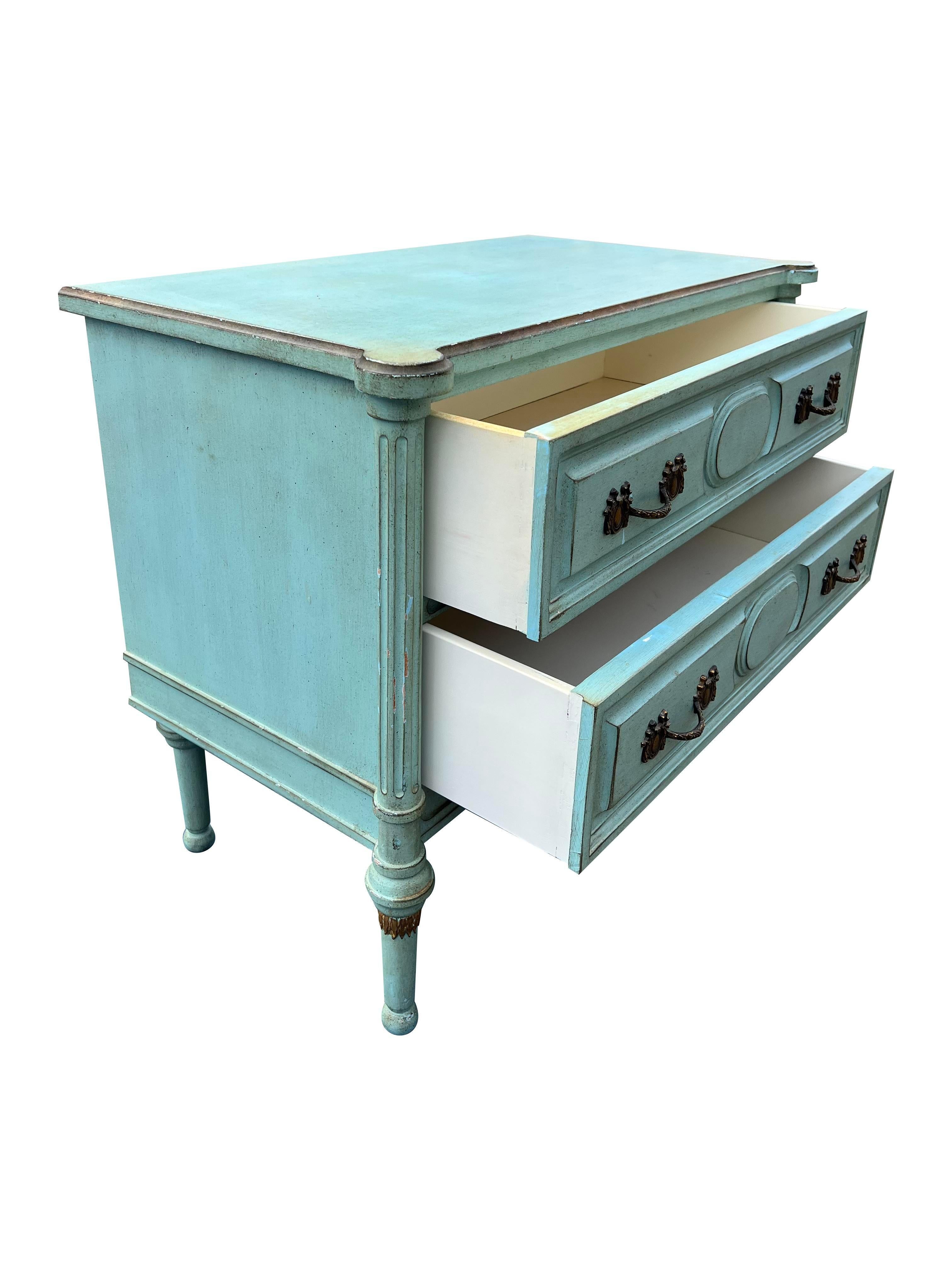American French Provincial Nightstand or Side Cabinet in French Blue With Gold Hardware For Sale