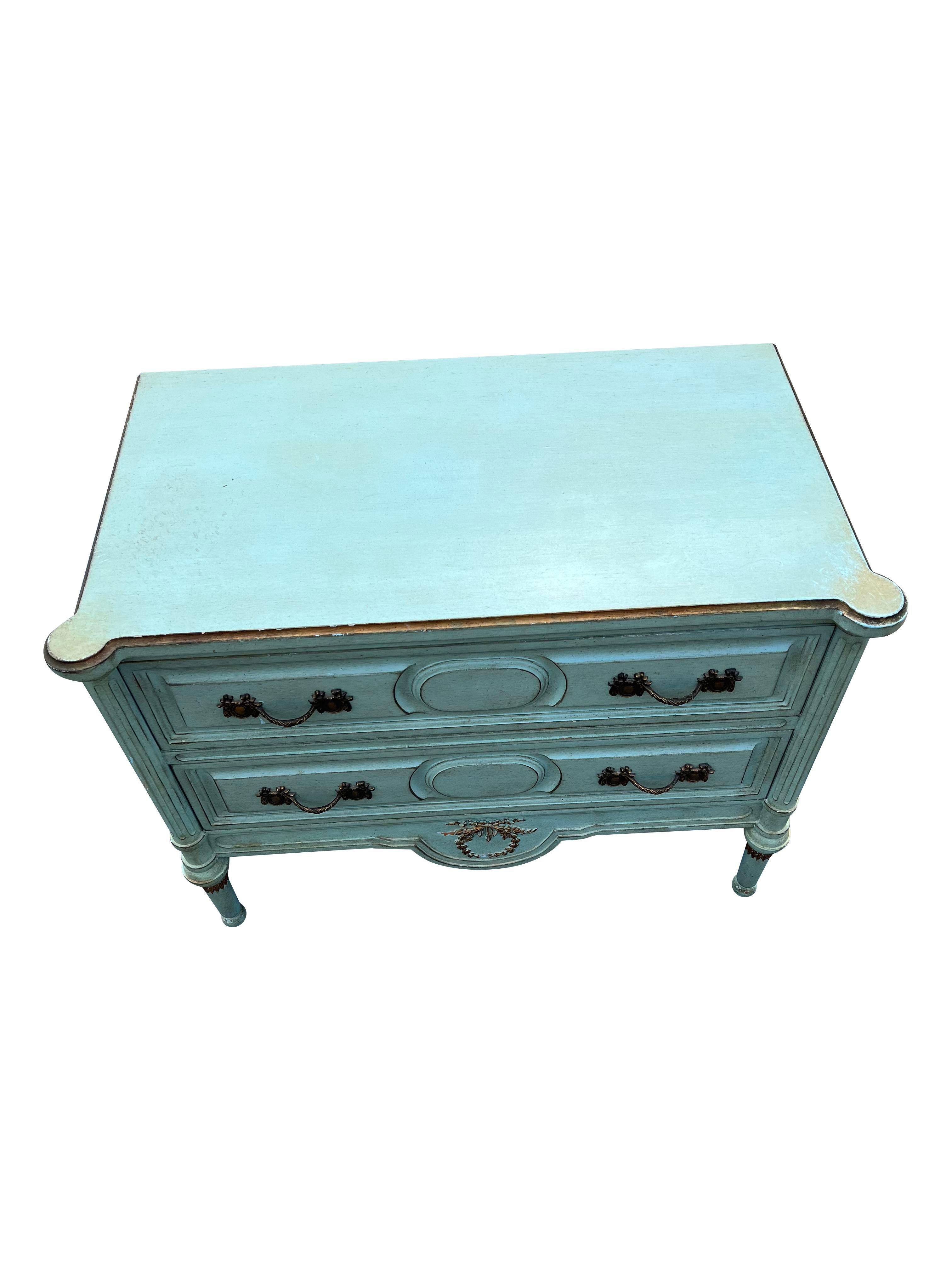 Mid-20th Century French Provincial Nightstand or Side Cabinet in French Blue With Gold Hardware For Sale