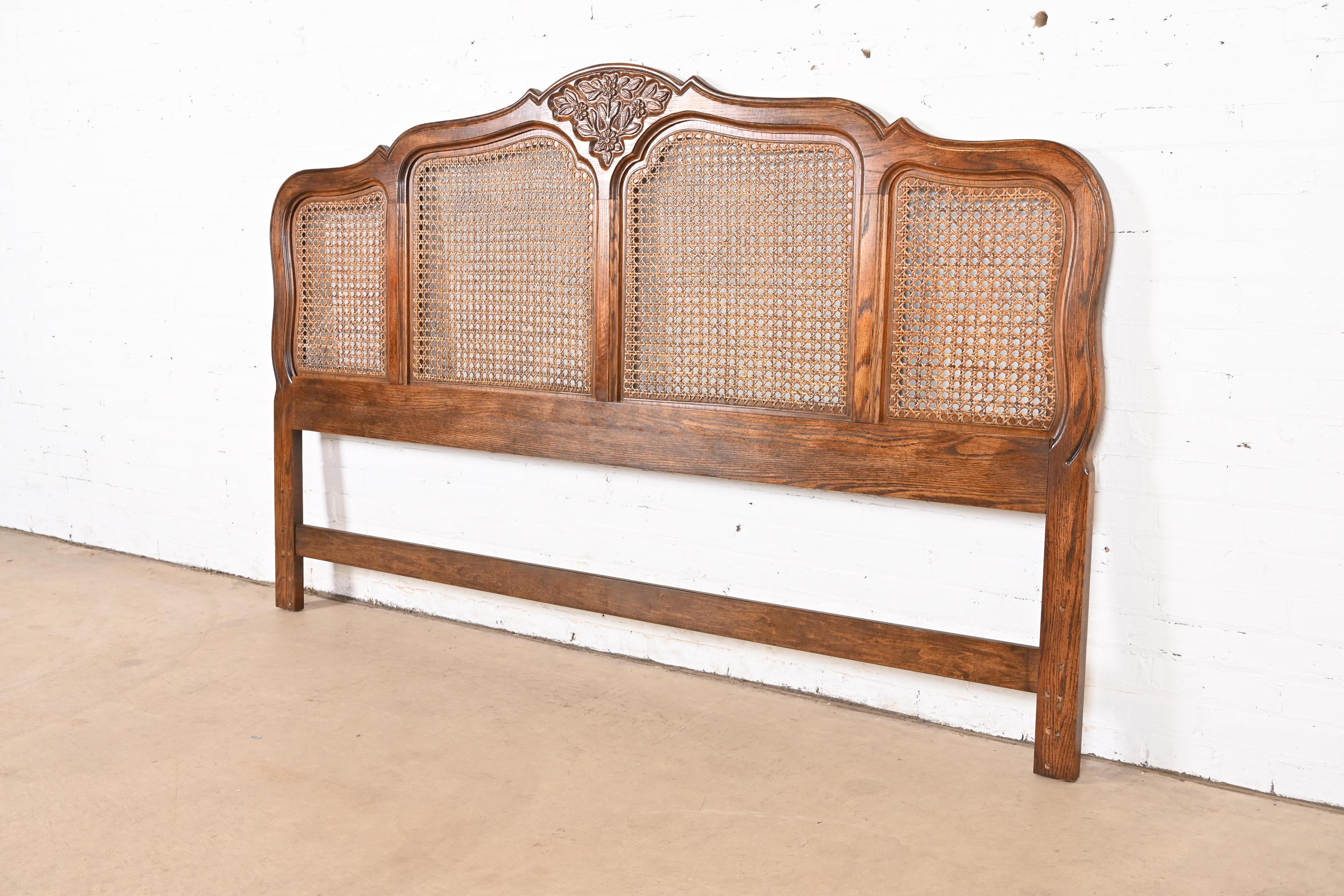 American French Provincial Oak and Cane King Size Headboard by Hickory, Circa 1970s