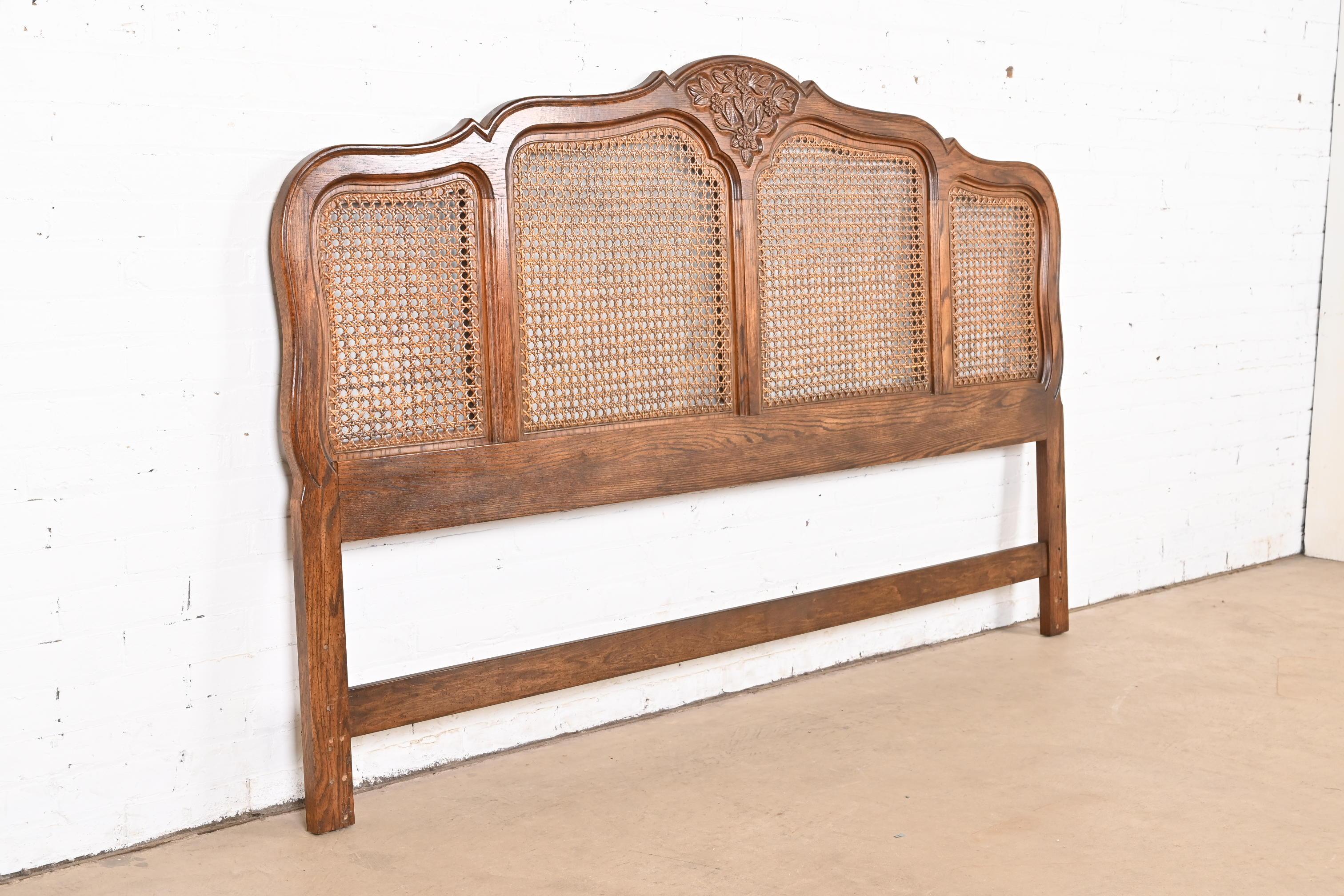 French Provincial Oak and Cane King Size Headboard by Hickory, Circa 1970s In Good Condition In South Bend, IN
