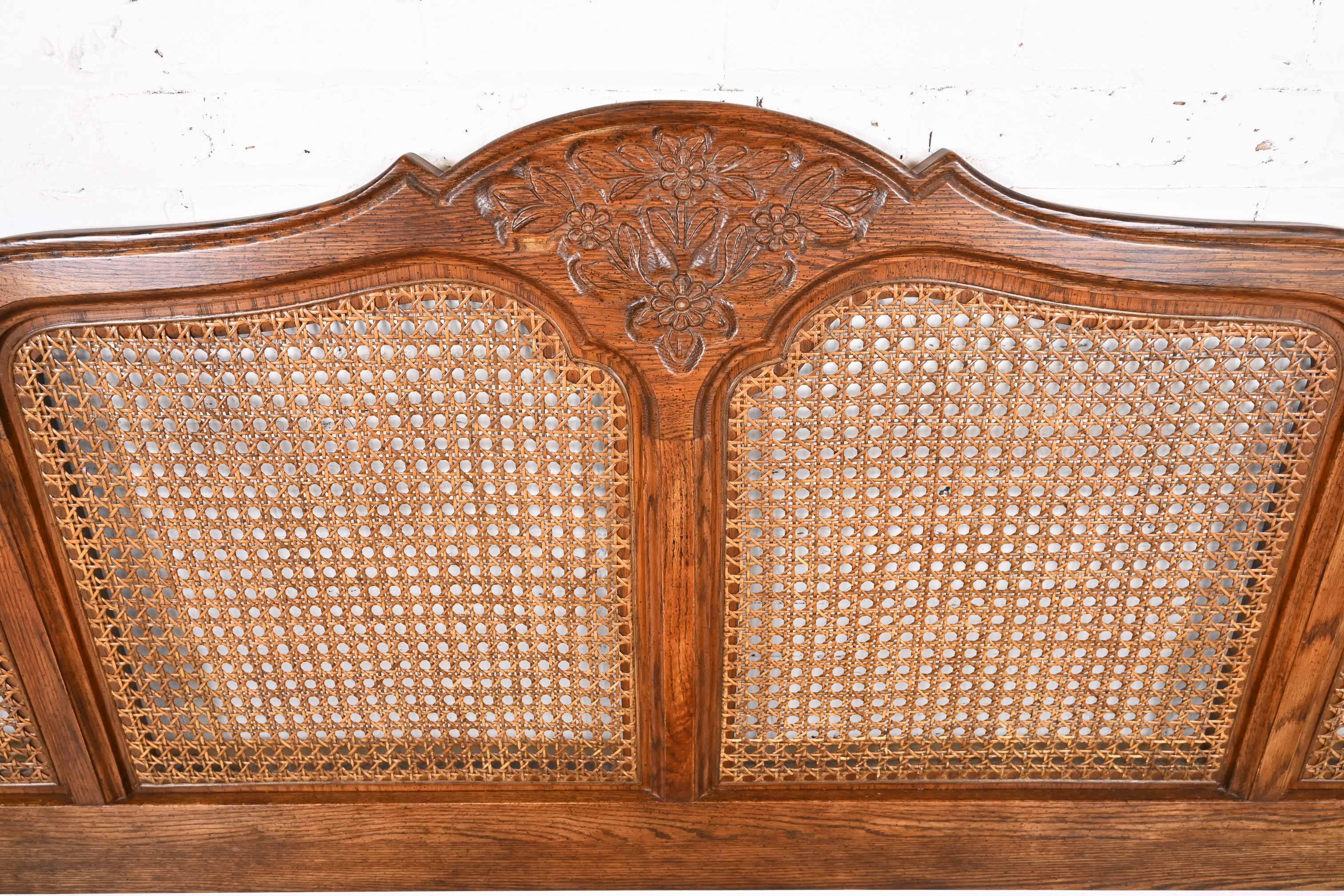 French Provincial Oak and Cane King Size Headboard by Hickory, Circa 1970s 1