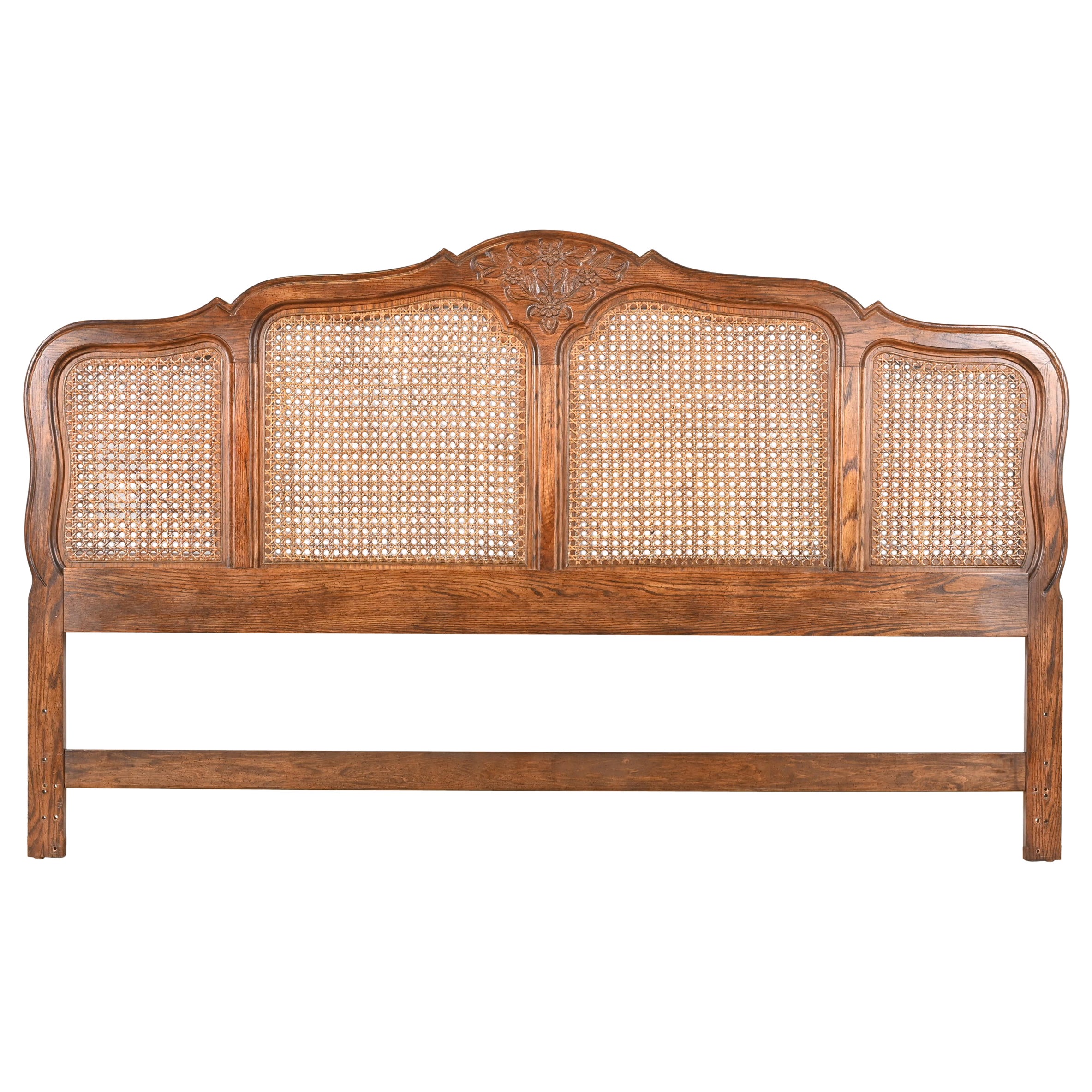 French Provincial Oak and Cane King Size Headboard by Hickory, Circa 1970s