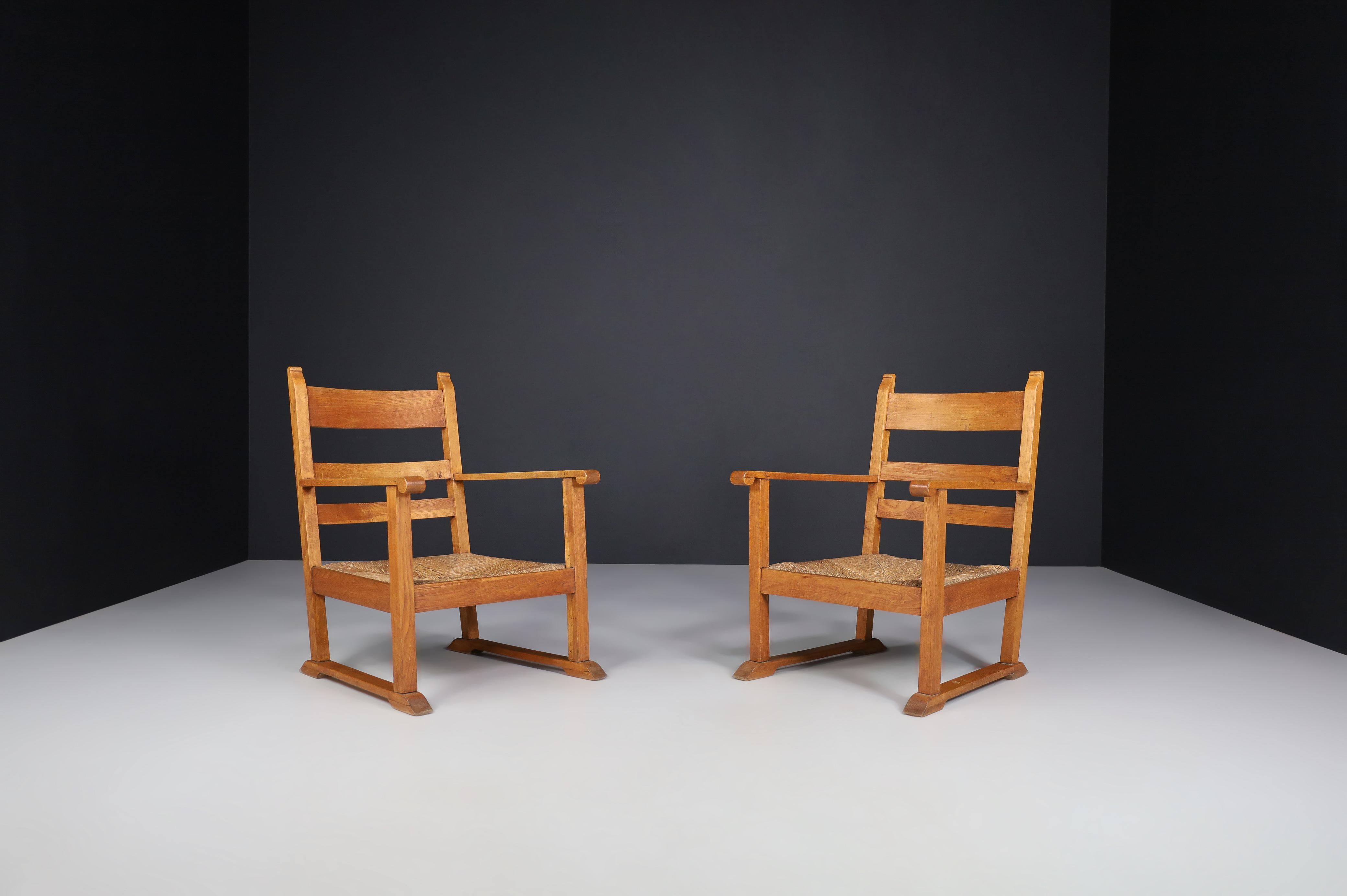French Provincial Oak and Rush Armchairs, France 1940s For Sale 1