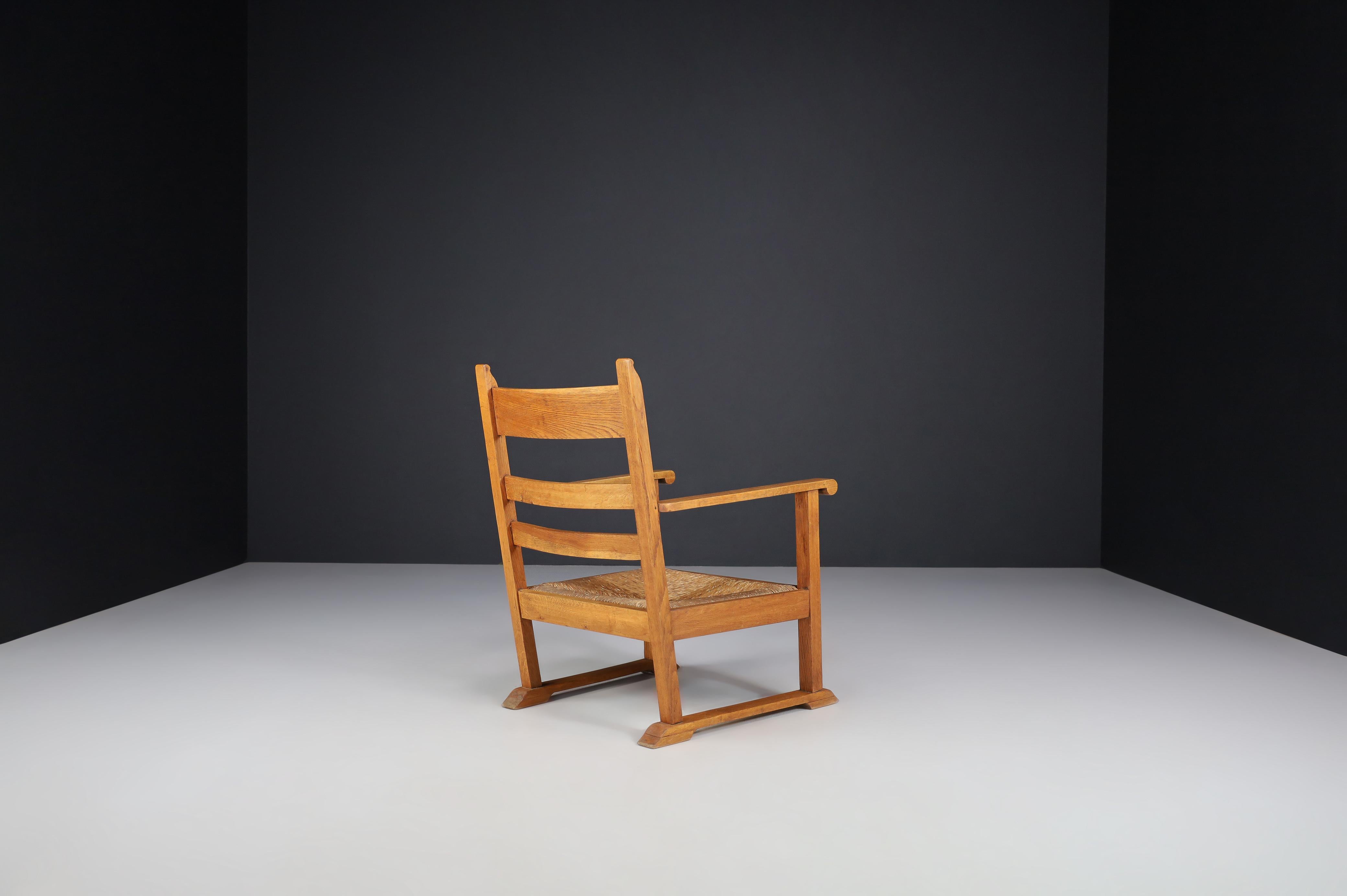 French Provincial Oak and Rush Armchairs, France 1940s For Sale 2