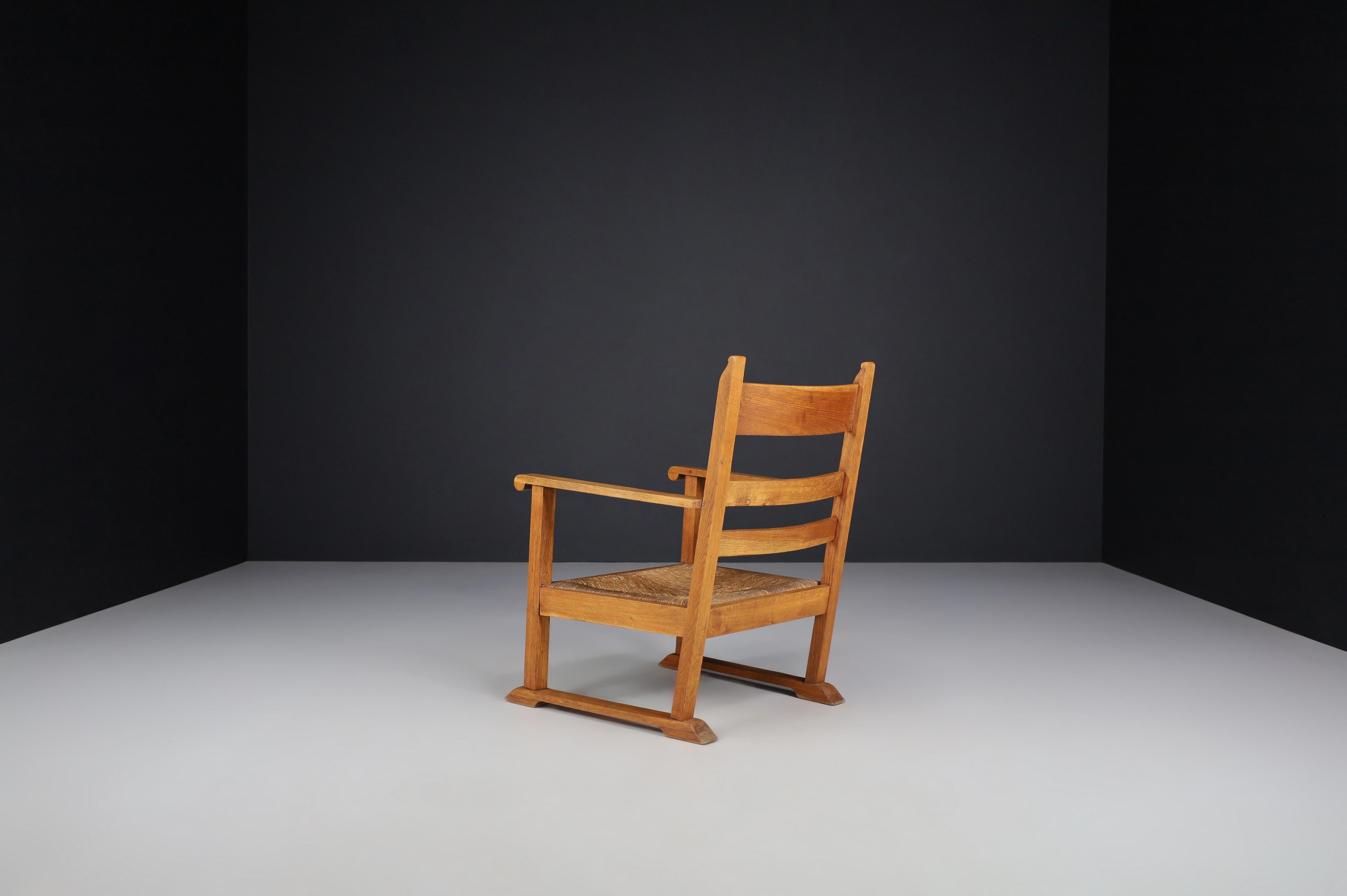 French Provincial Oak and Rush Armchairs, France 1940s For Sale 3