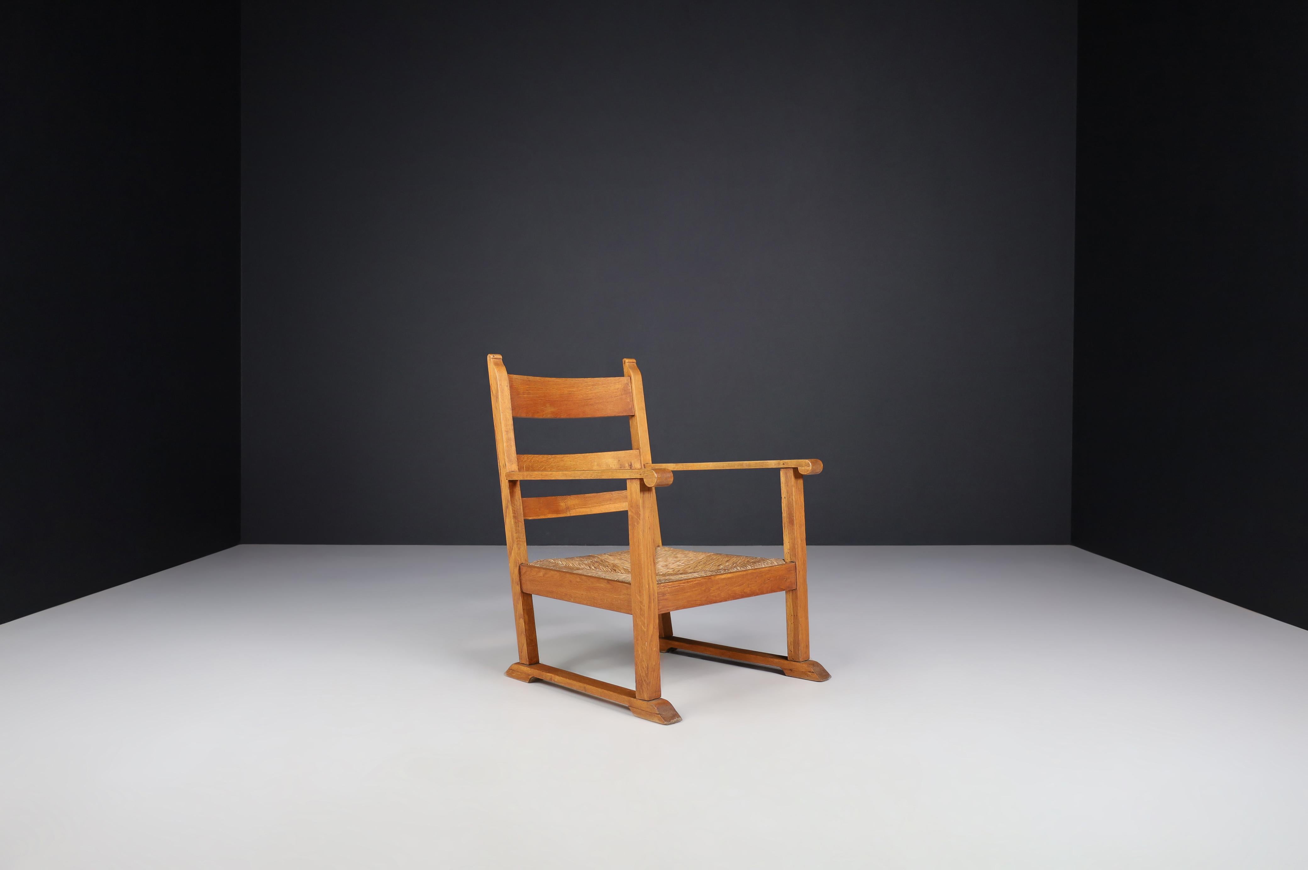 French Provincial Oak and Rush Armchairs, France 1940s For Sale 4