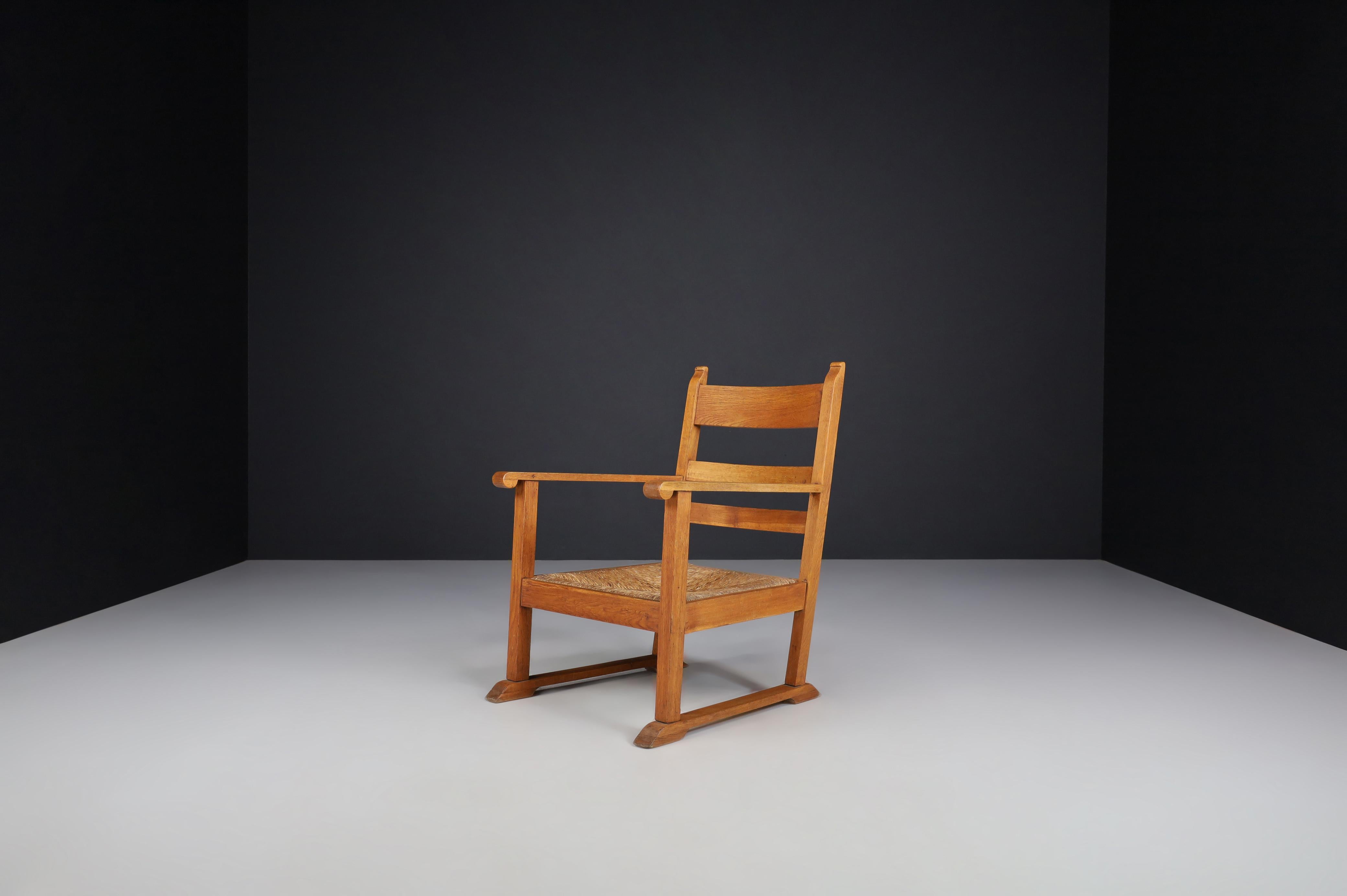 French Provincial Oak and Rush Armchairs, France 1940s For Sale 5