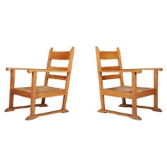 French Provincial Oak and Rush Armchairs, France 1940s