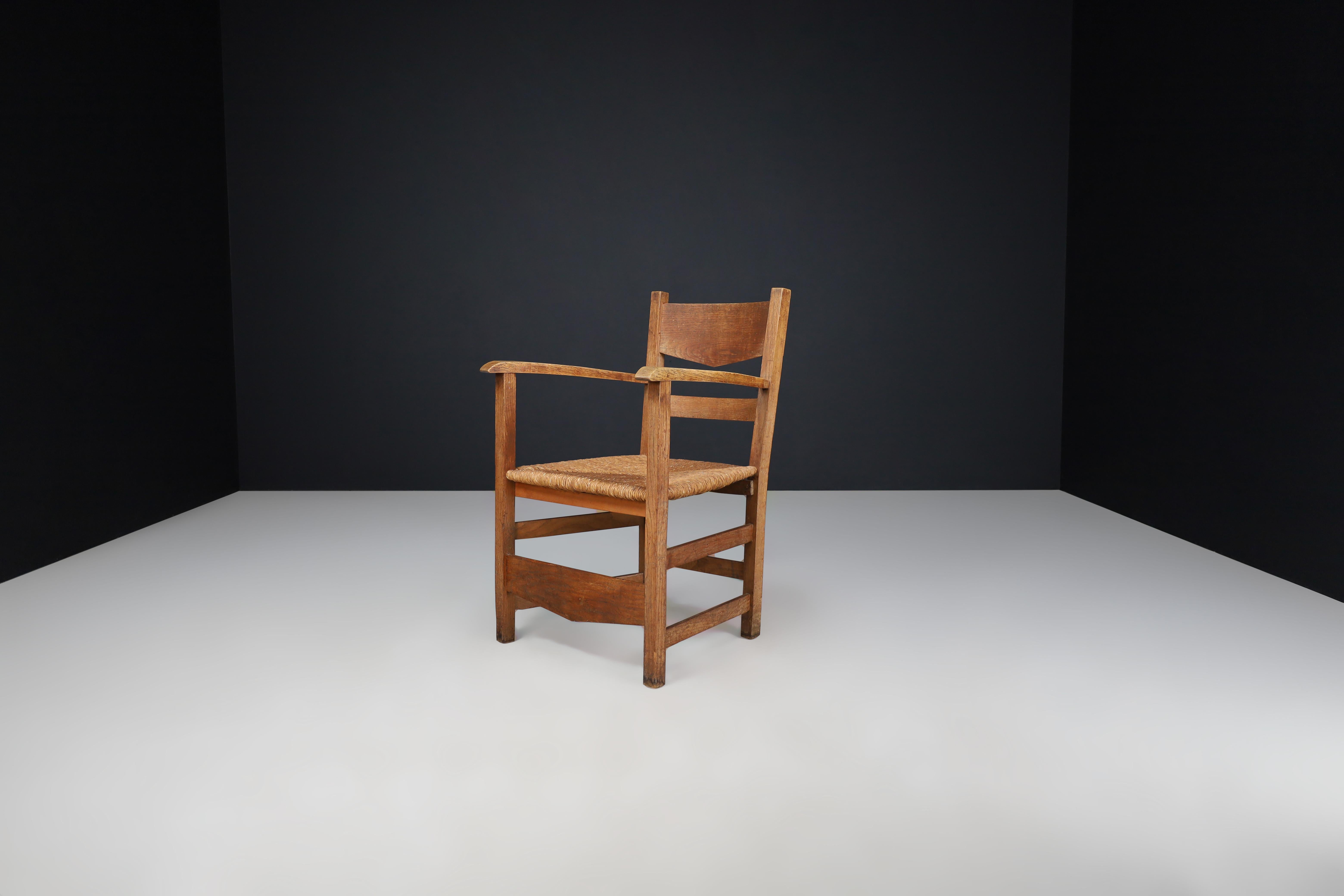 French Provincial Oak and Rush Armchairs, France 1950s For Sale 7