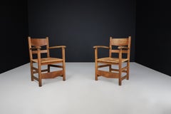 French Provincial Oak and Rush Armchairs, France 1950s