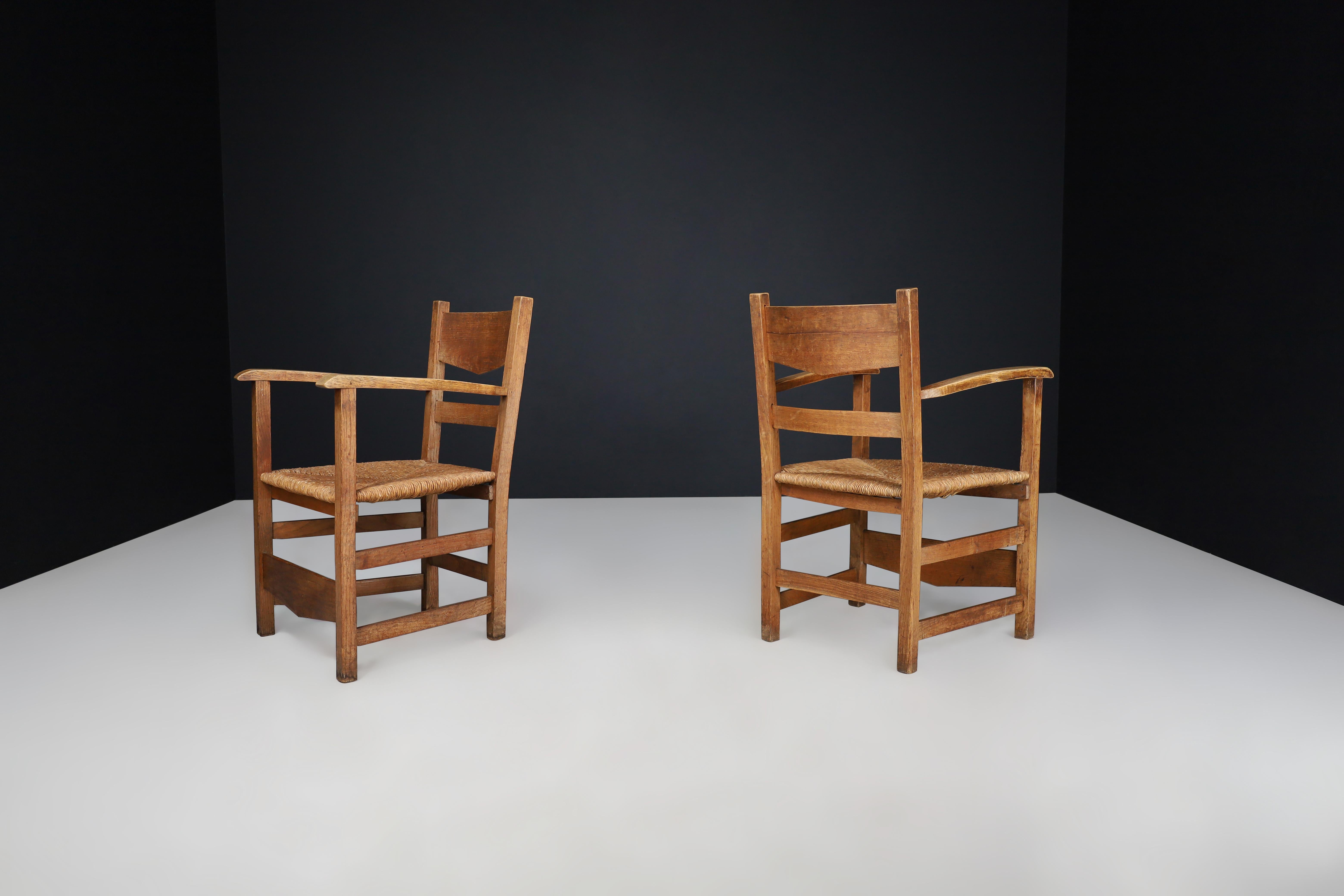 French Provincial Oak and Rush Armchairs, France 1950s For Sale 1