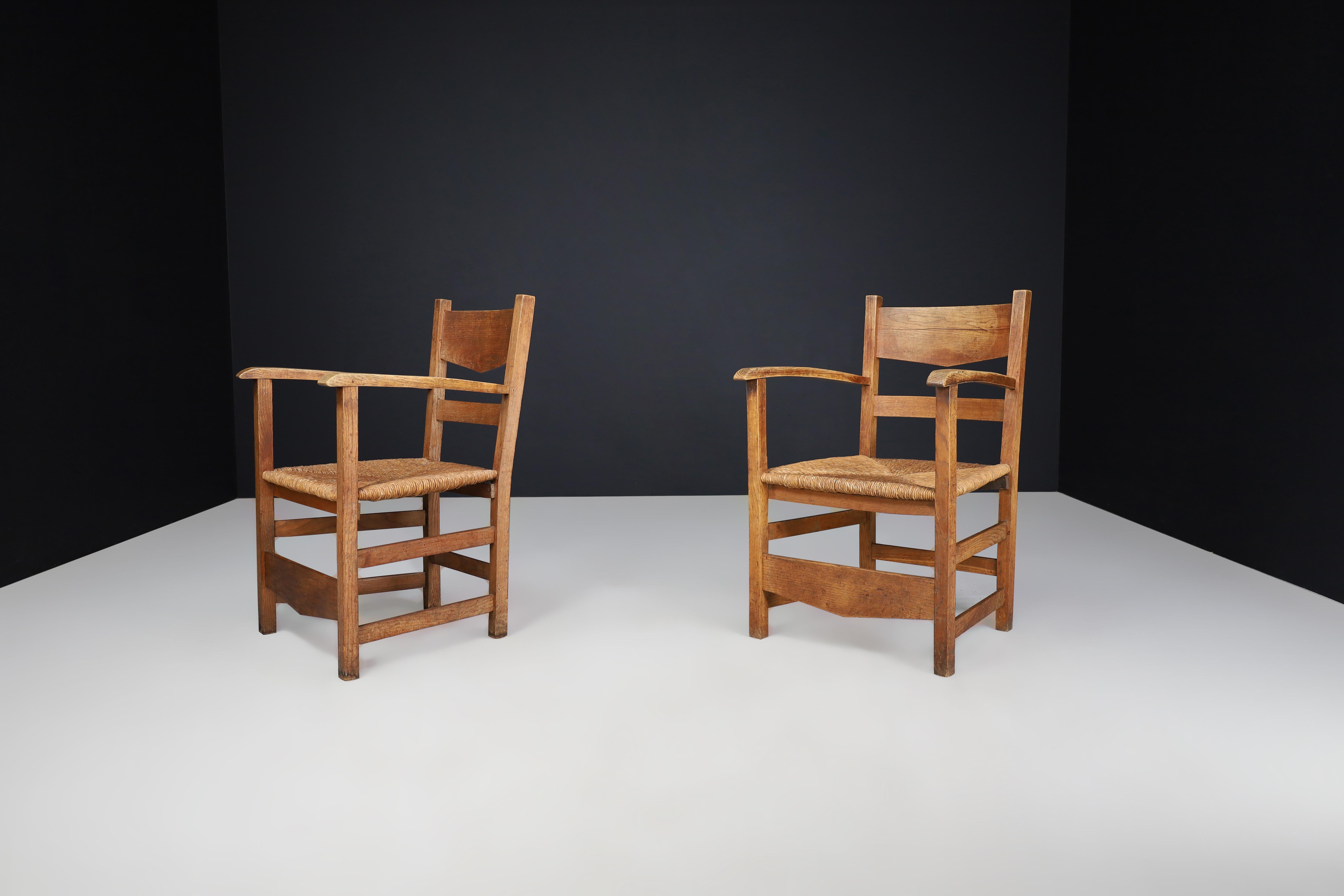 French Provincial Oak and Rush Armchairs, France 1950s For Sale 2