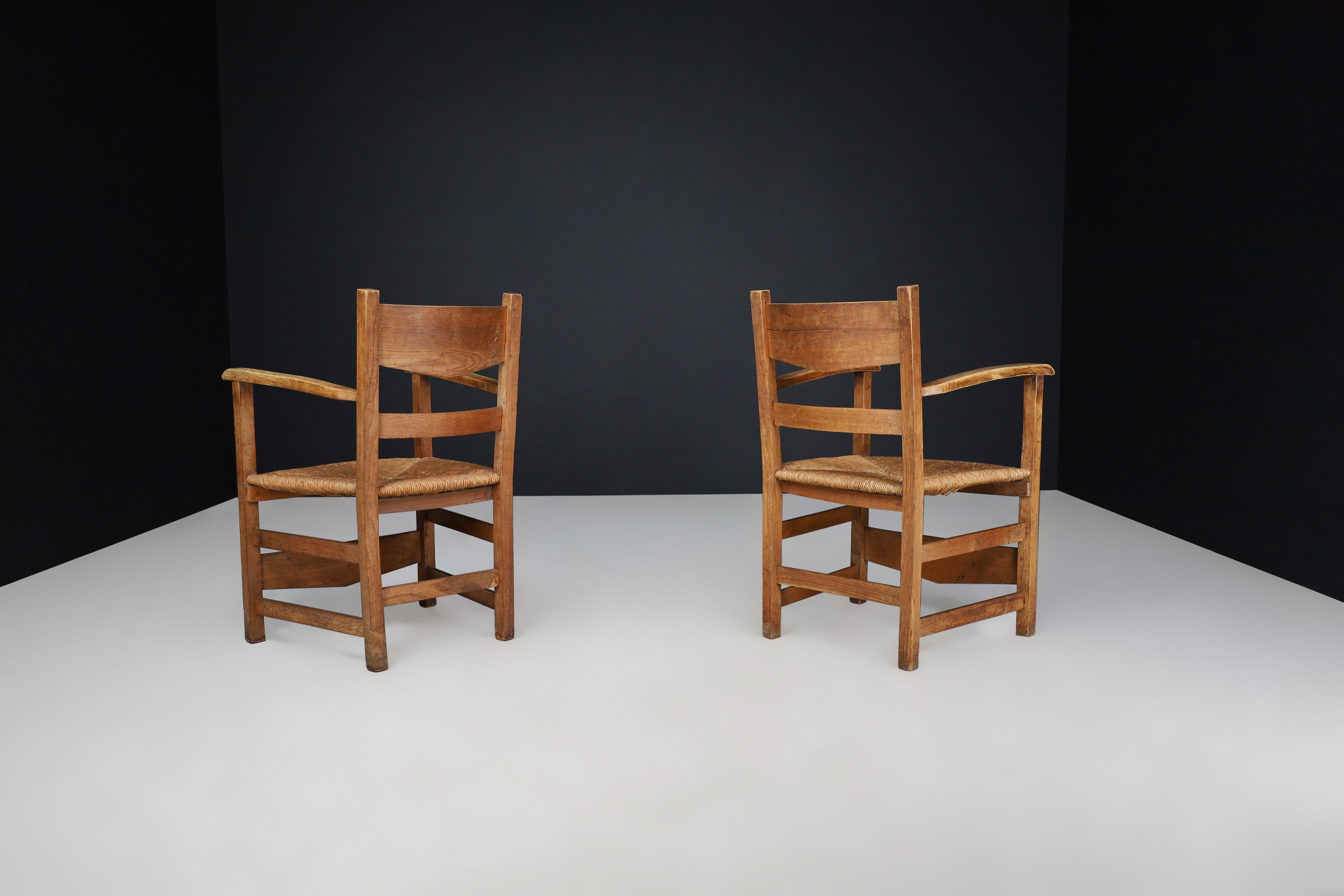 French Provincial Oak and Rush Armchairs, France 1950s For Sale 3