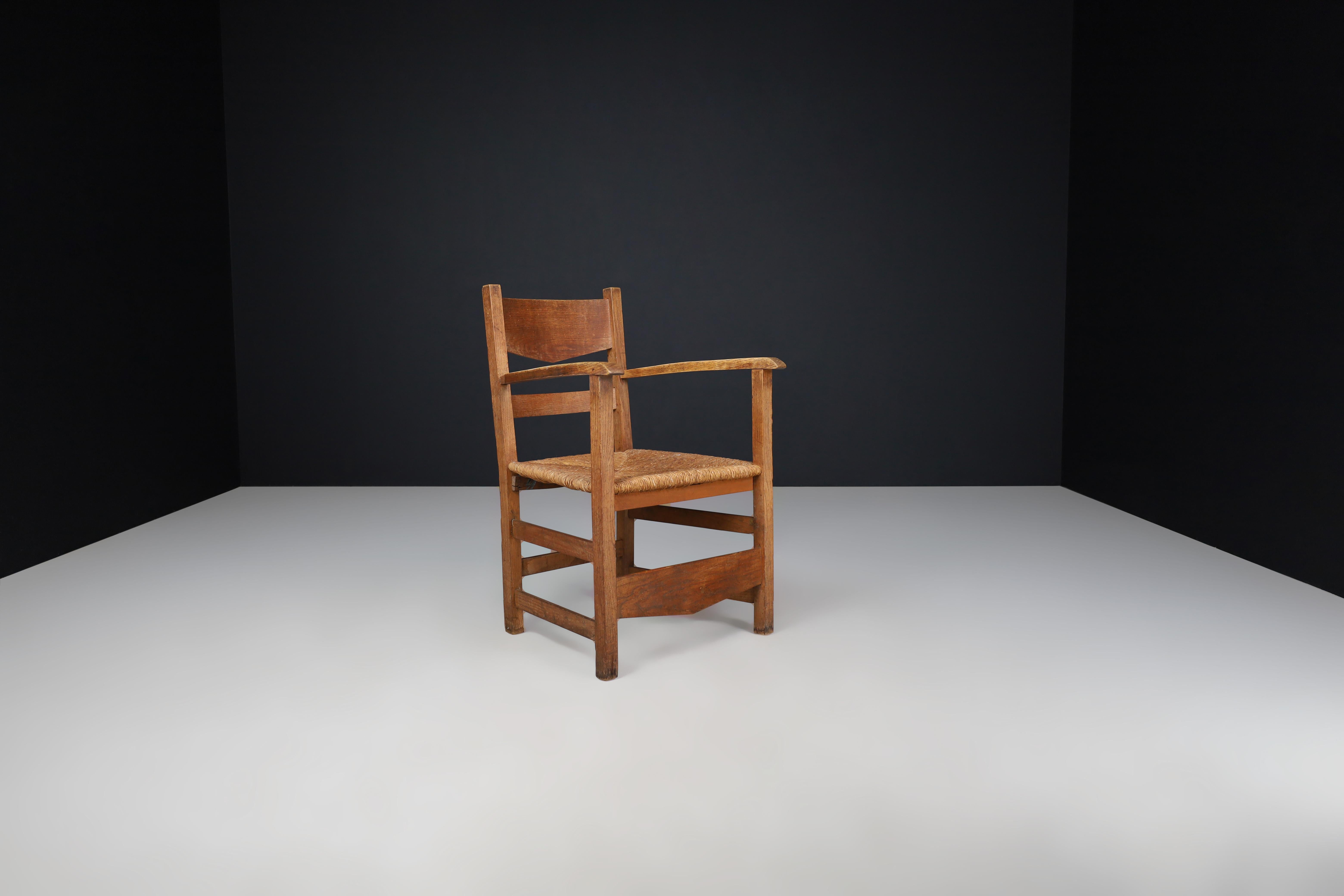 French Provincial Oak and Rush Armchairs, France 1950s For Sale 5