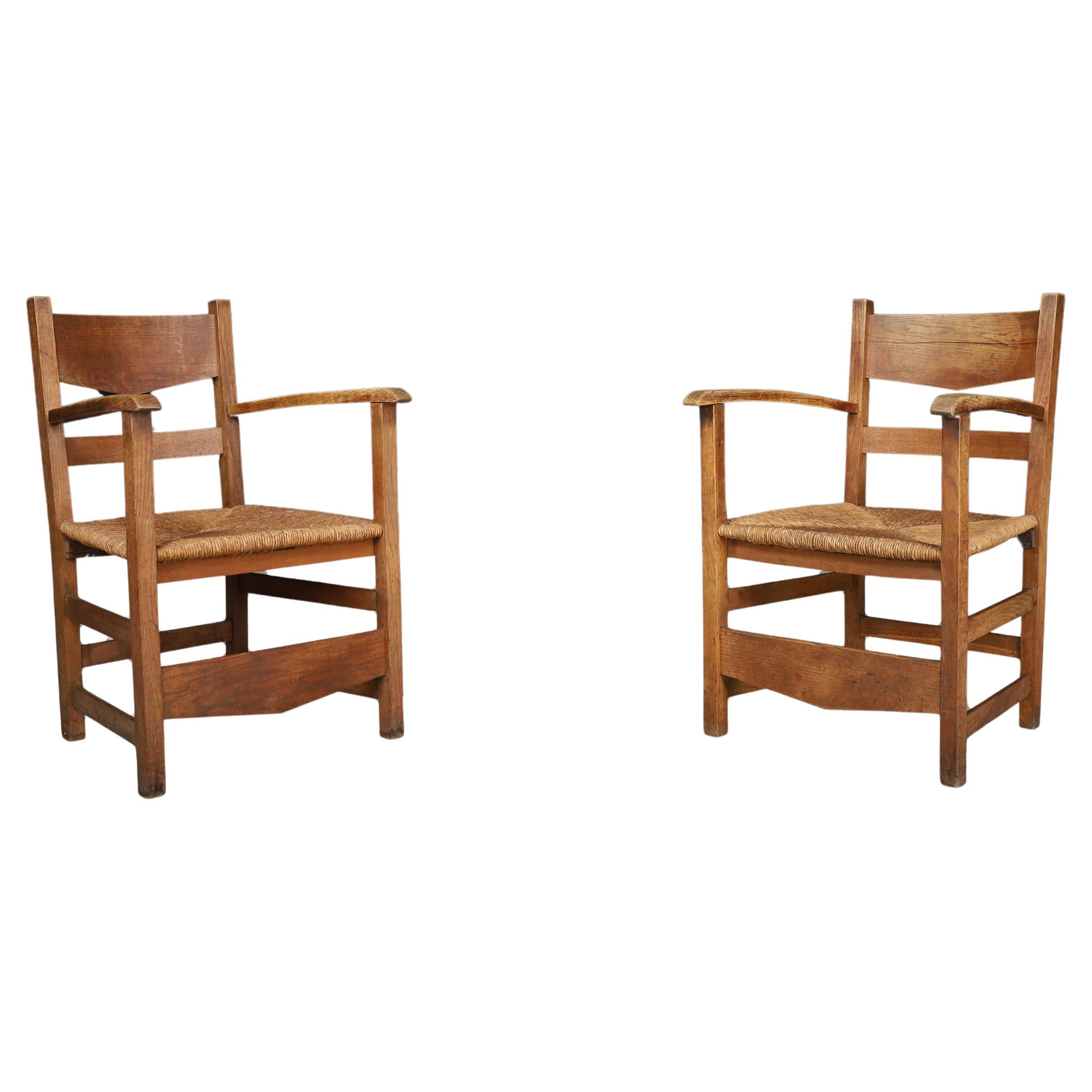French Provincial Oak and Rush Armchairs, France 1950s
