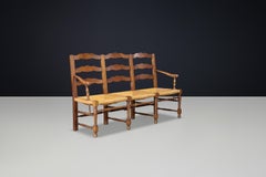 French Provincial Oak and Rush Bench, France, 1940s