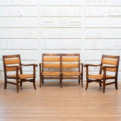 French Provincial Oak and Rush Settee & Chairs Set, Circa 1945