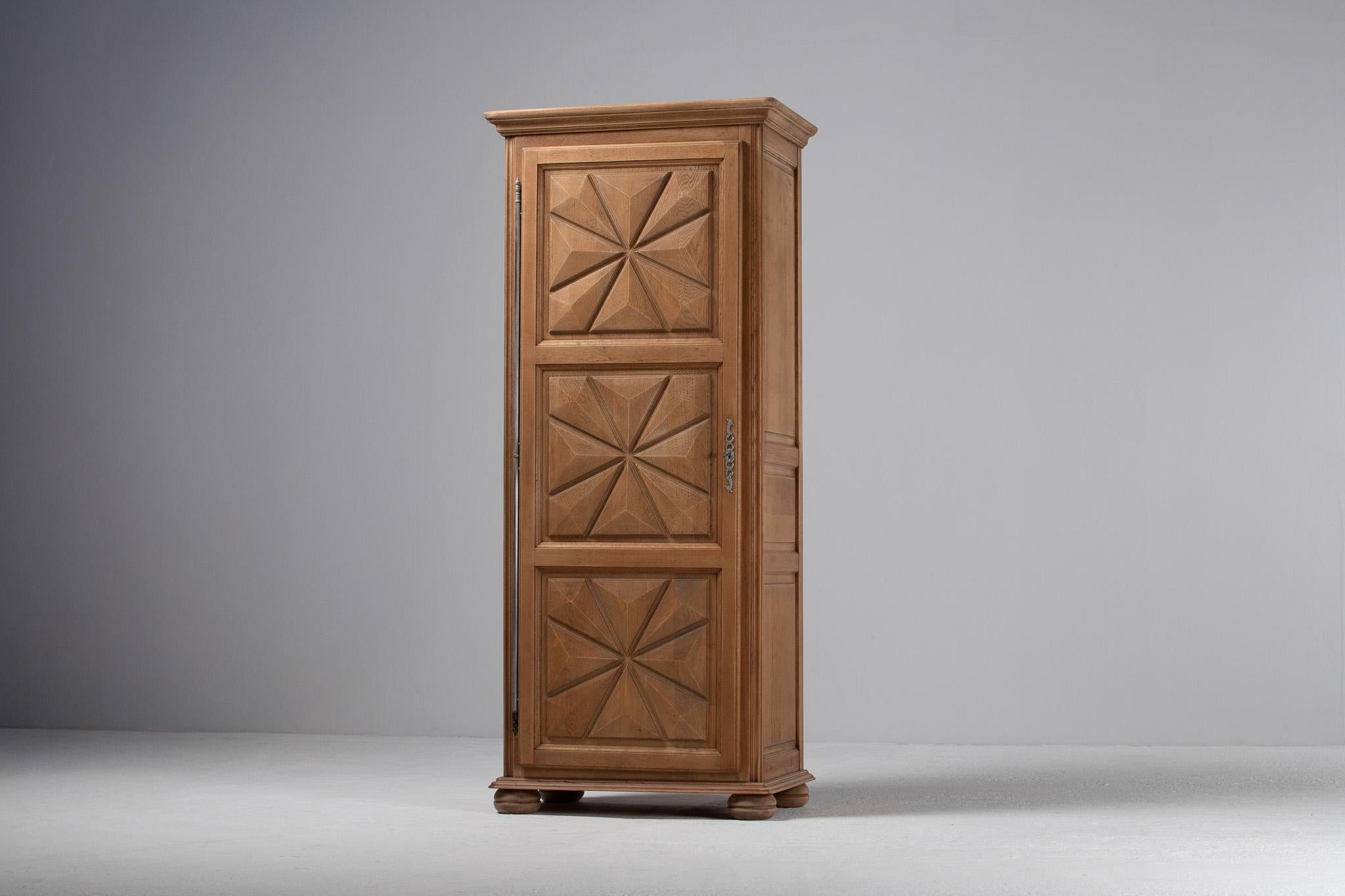 French Provincial Oak Armoire, Hand-Carved, Mid-Century For Sale 6
