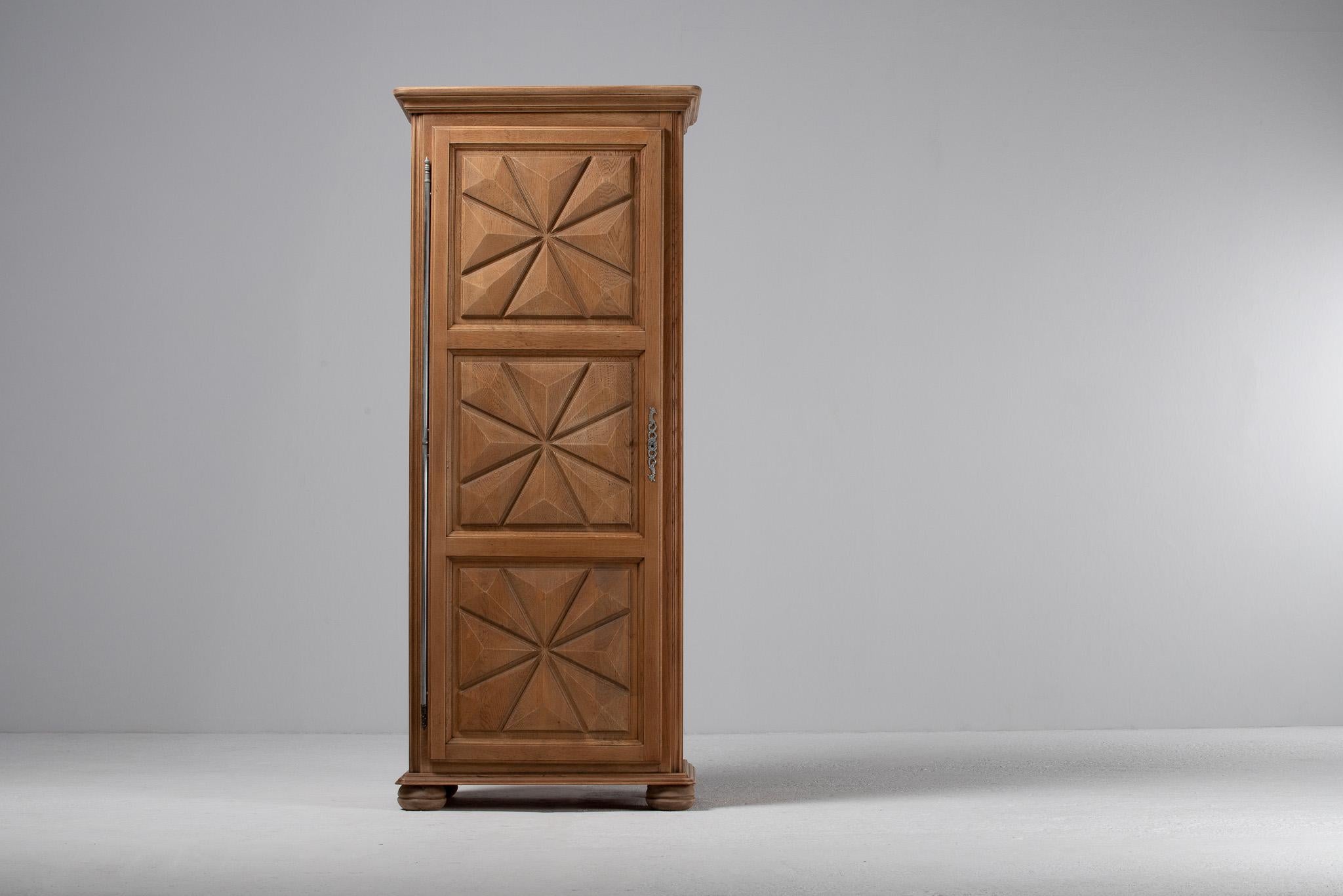 French Provincial Oak Armoire, Hand-Carved, Mid-Century For Sale 5